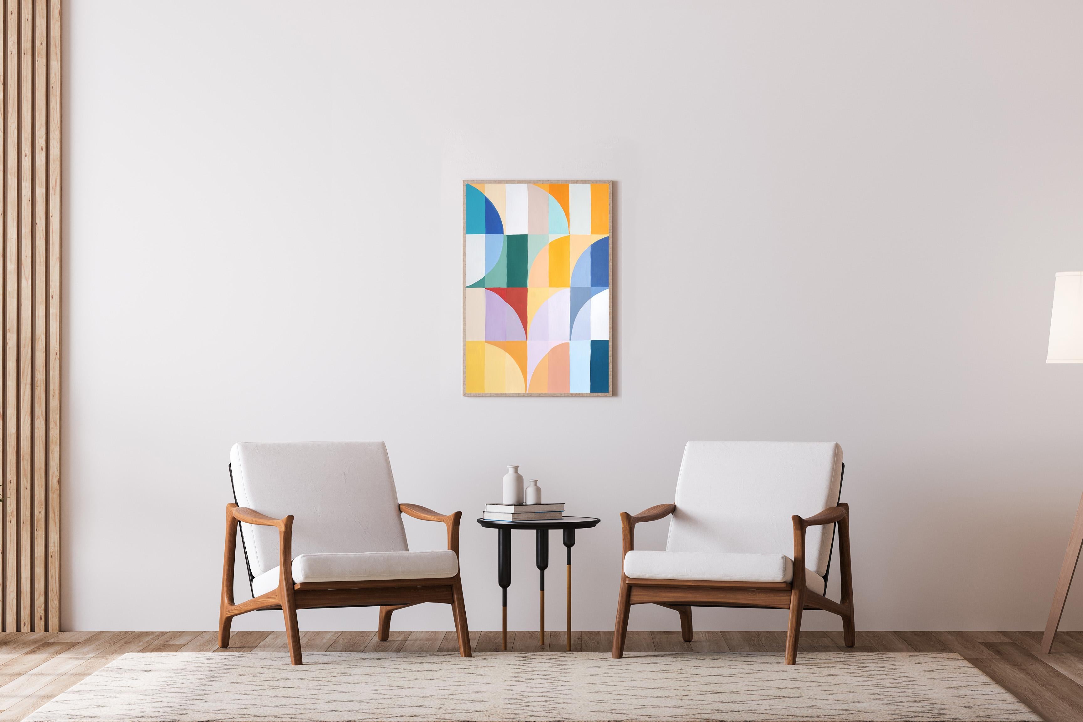 Hora dorada, pintura vertical Bauhaus en tonos amarillos, cuadrícula de arcos verdes, papel 1
