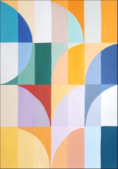 Hora dorada, pintura vertical Bauhaus en tonos amarillos, cuadrícula de arcos verdes, papel
