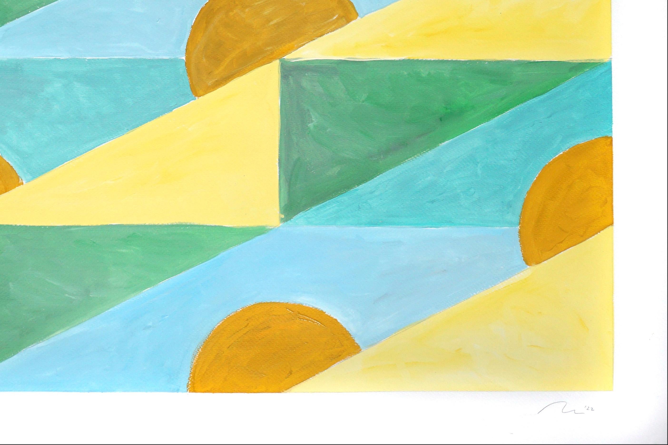 Golden Sunset Beaches, Yellow, Green and Turquoise, Triangles Stairs Light Tones - Bauhaus Painting by Natalia Roman