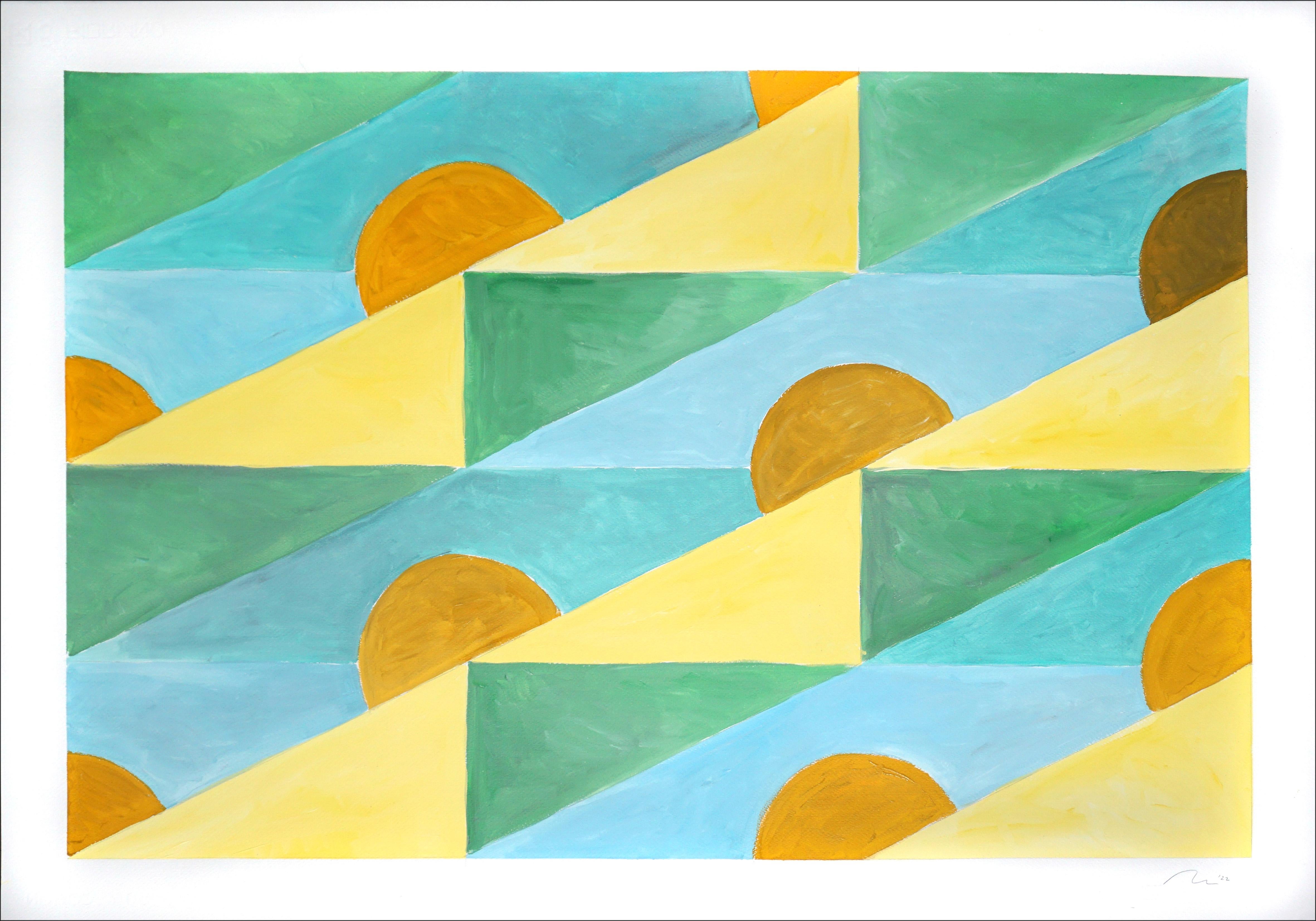 Natalia Roman Abstract Painting - Golden Sunset Beaches, Yellow, Green and Turquoise, Triangles Stairs Light Tones