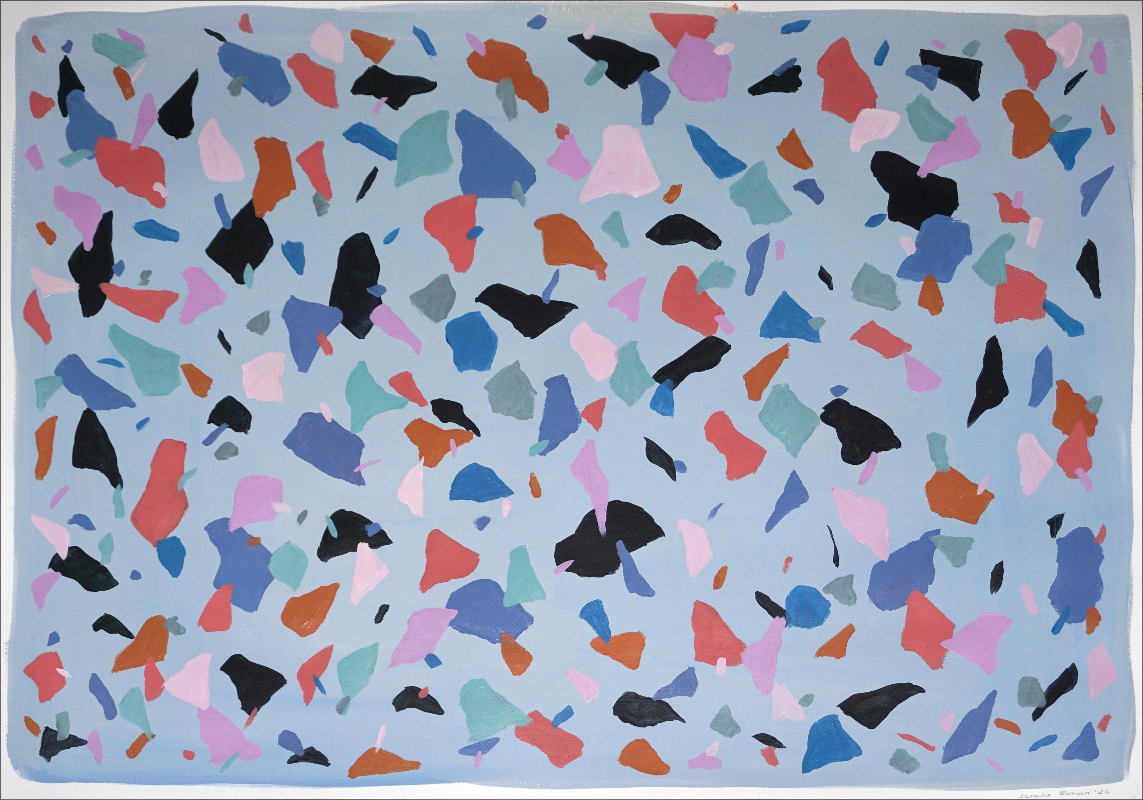 Natalia Roman Abstract Painting - Gray and Blue Painting of Italian Terrazzo Tiles, Abstract Floating Shapes, Dove