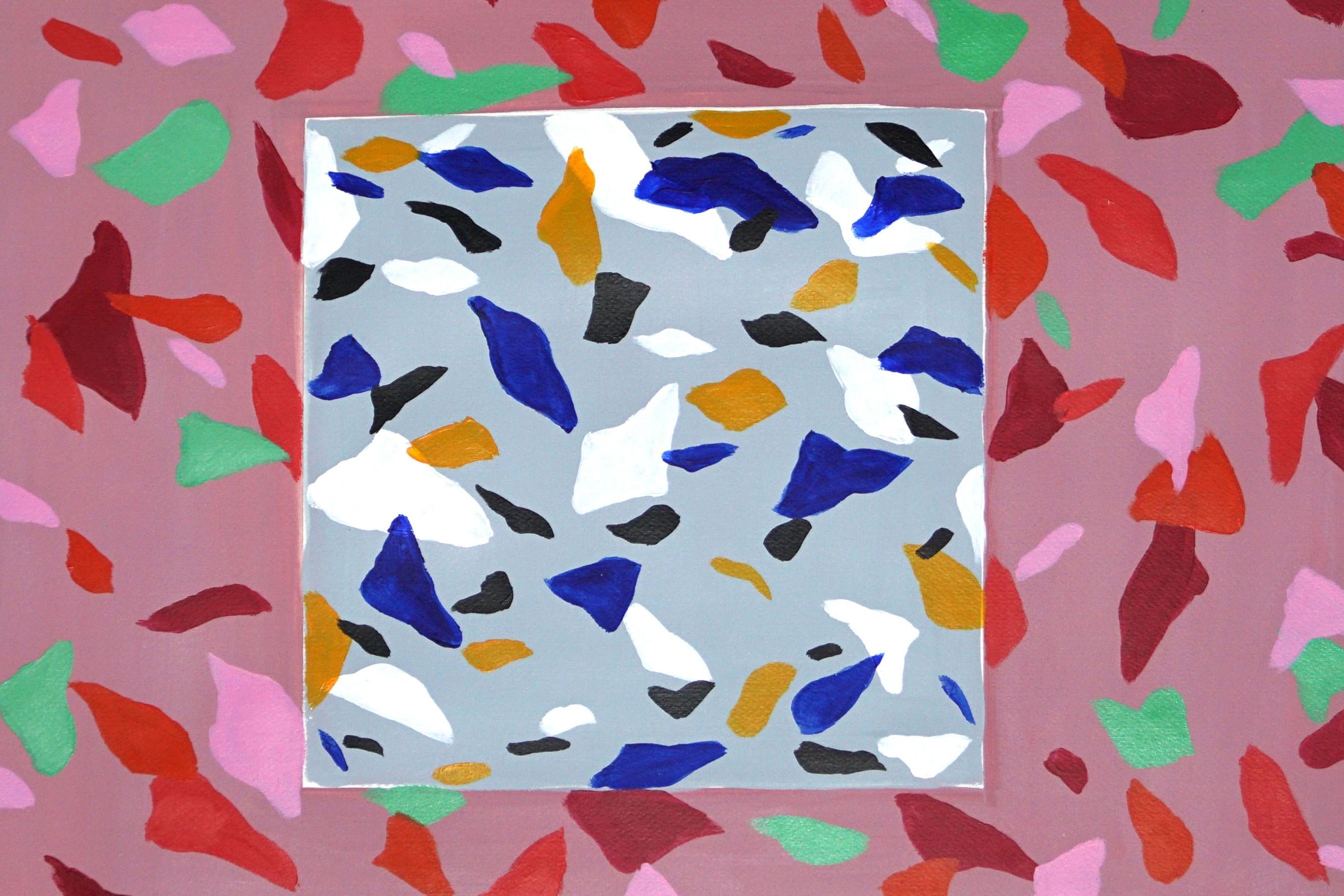 Graue graue Kachel über Erdbeerfeld, süße Farbtöne Terrazzo-Kacheln, rote Memphis-Formen  (Pink), Still-Life Painting, von Natalia Roman