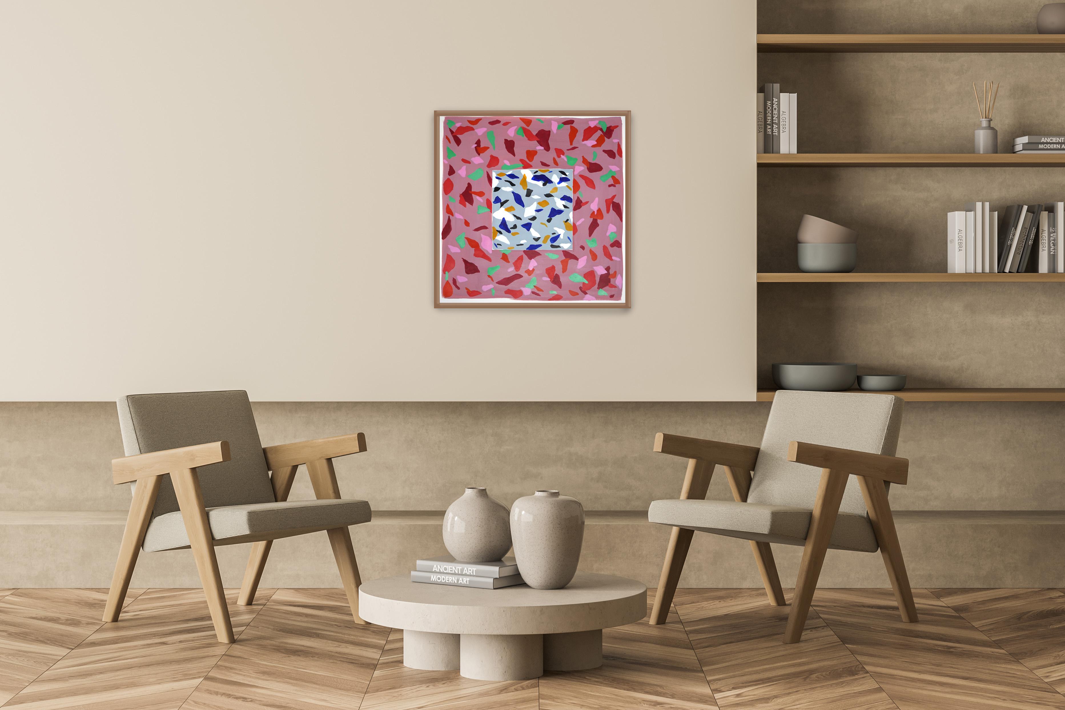 Gray Tile over Strawberry Field, Fresh Tones Terrazzo Tiles, Red Memphis Shapes  - Abstract Geometric Painting by Natalia Roman