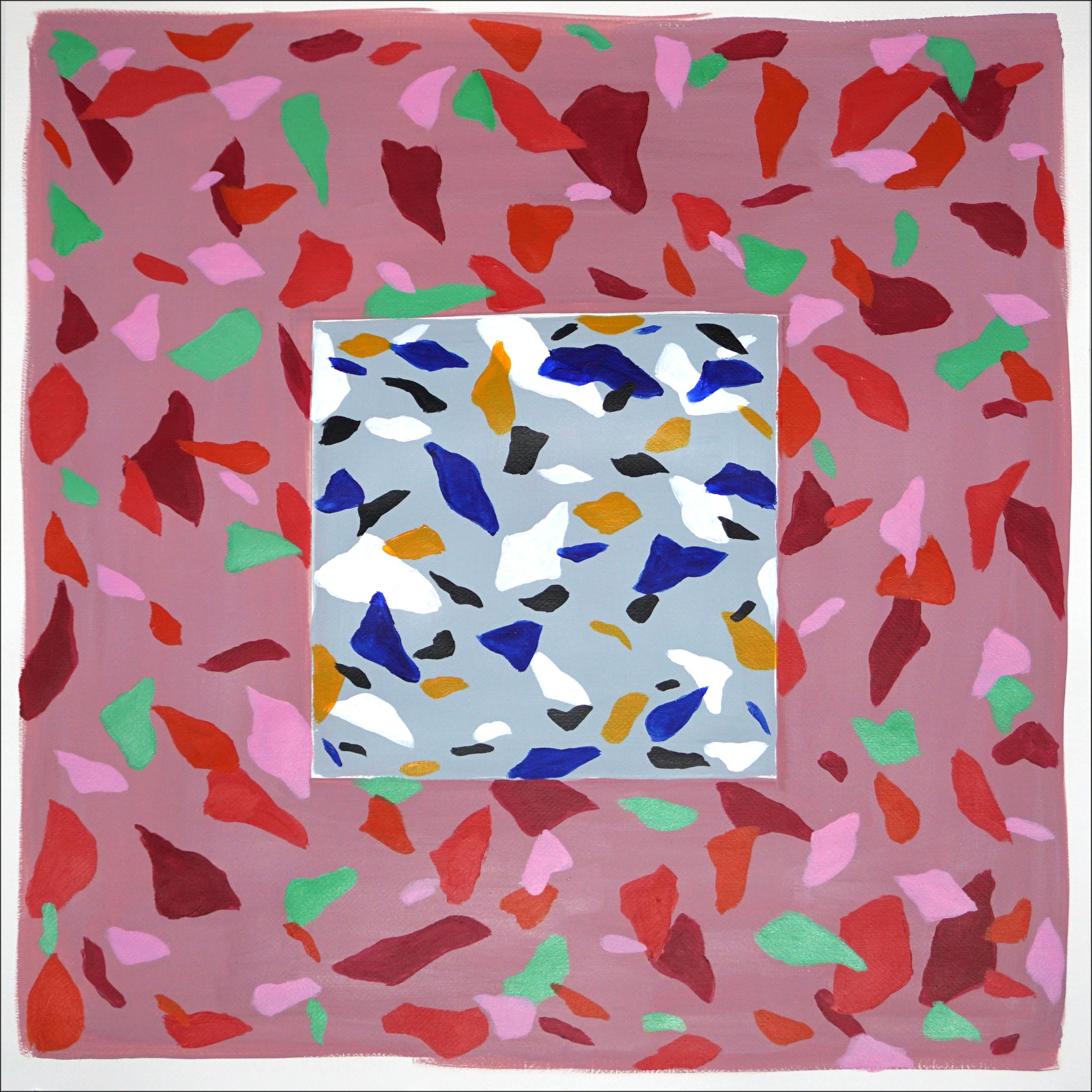 Natalia Roman Still-Life Painting - Gray Tile over Strawberry Field, Fresh Tones Terrazzo Tiles, Red Memphis Shapes 