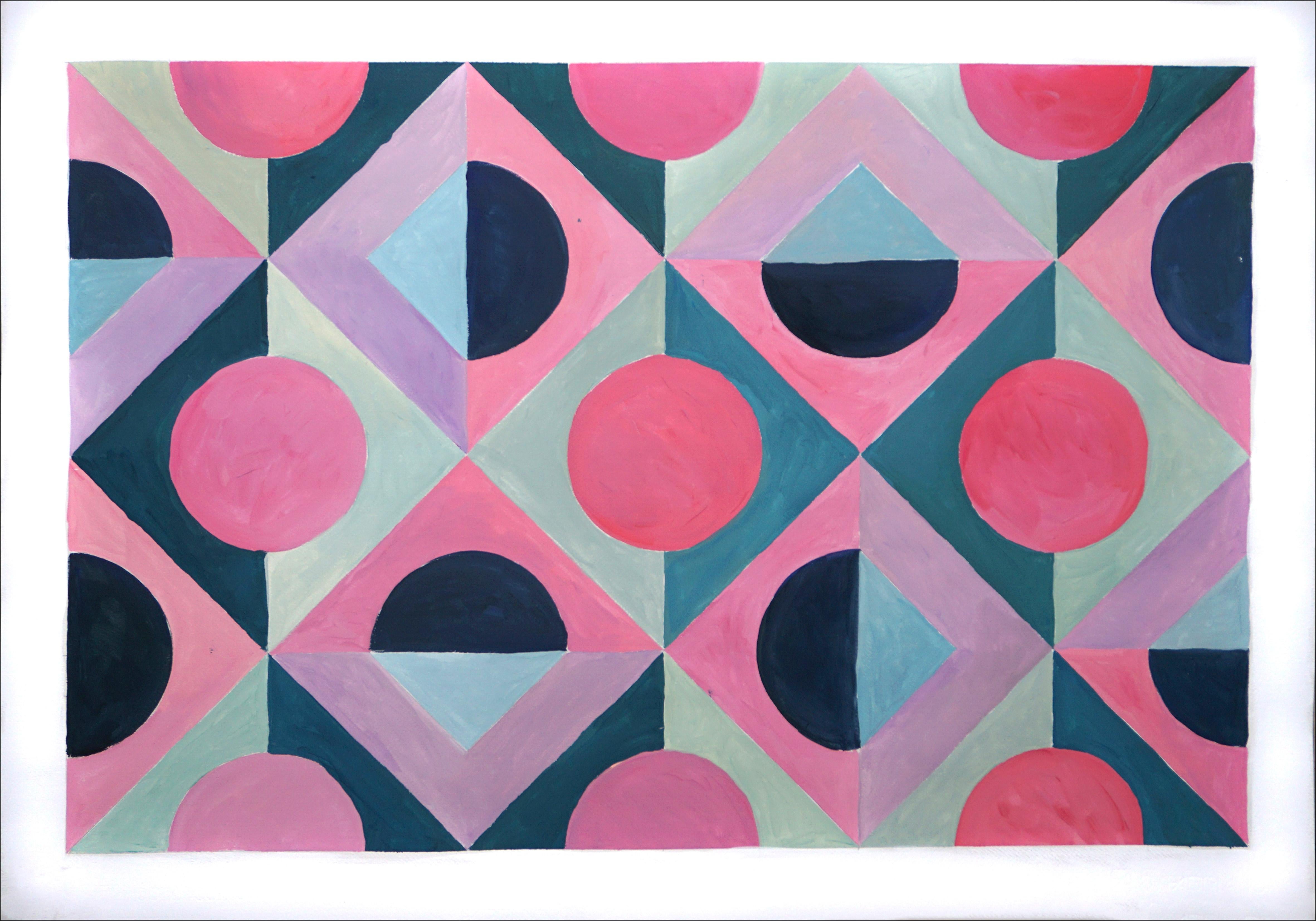 Natalia Roman Abstract Painting - Green and Purple Flooring Tile, Pink Tones Geometric Pattern, Art Deco Pastel 