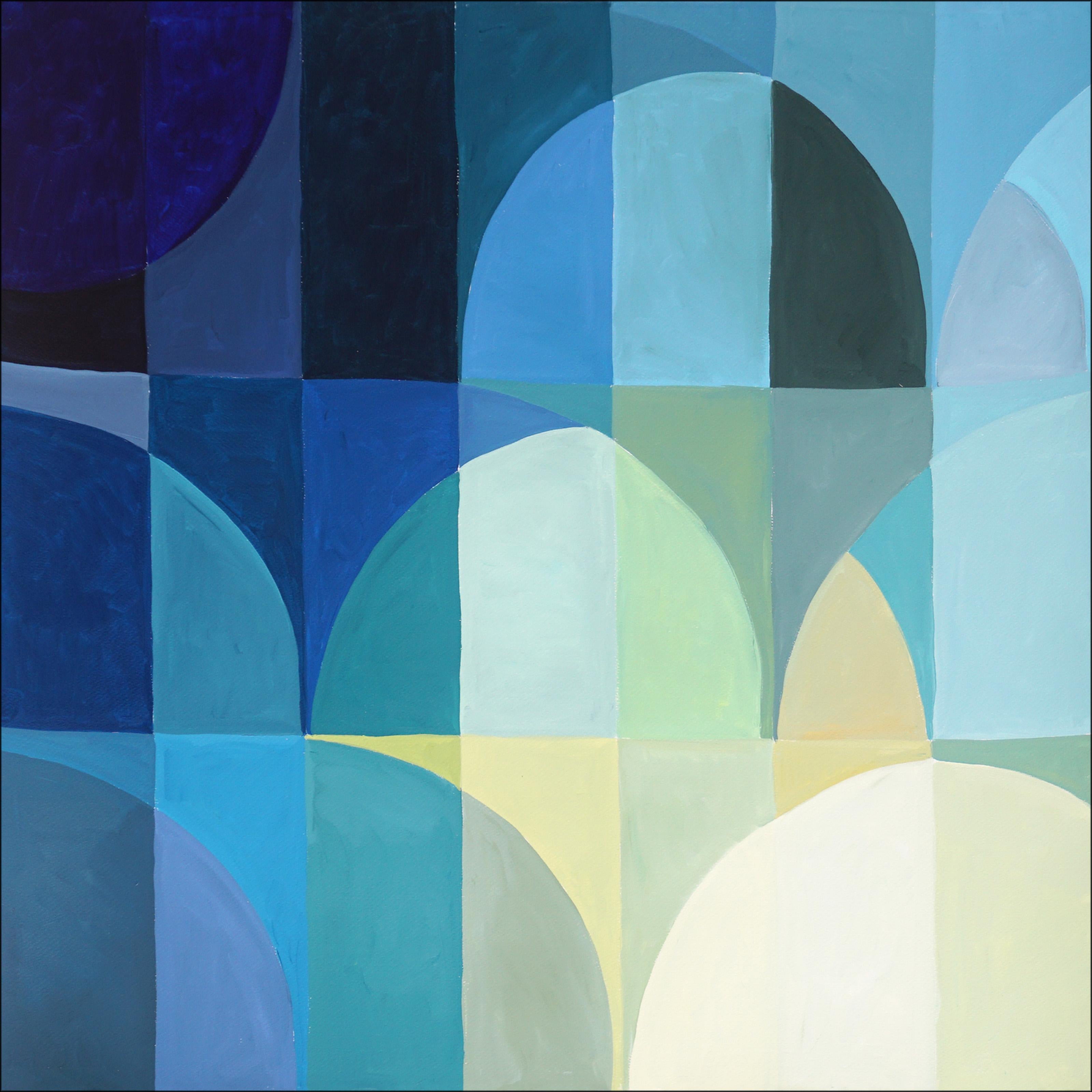 Natalia Roman Landscape Painting - Green to Blue Gradient, Transition Tones Hue, Bauhaus Pattern, Squared, Geometry