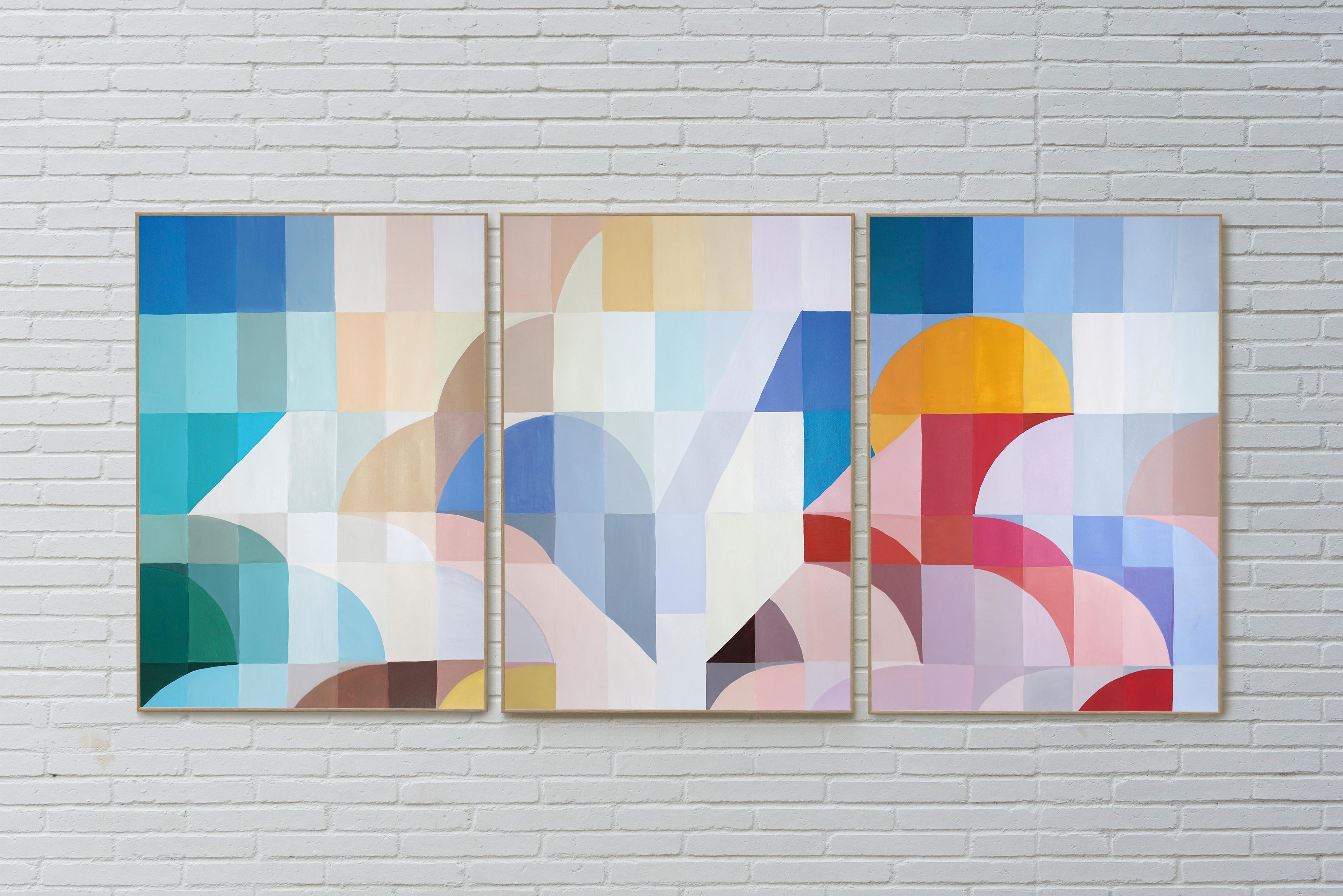 Green to Indigo Staircase, Triptychon Fragmentation Hue, Bauhaus Curves Geometry – Painting von Natalia Roman