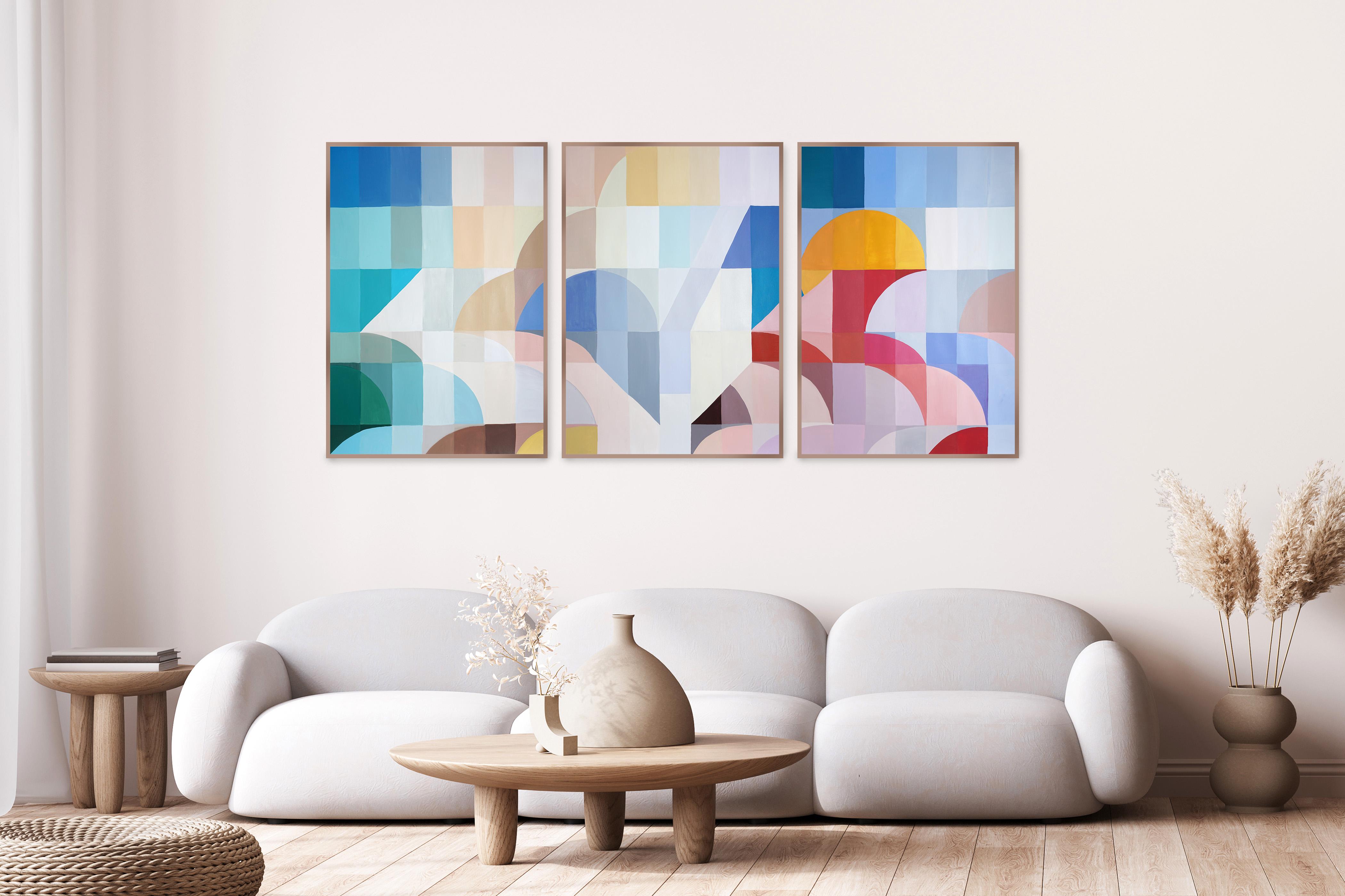 Green to Indigo Staircase, Triptychon Fragmentation Hue, Bauhaus Curves Geometry (Analytischer Kubismus), Painting, von Natalia Roman