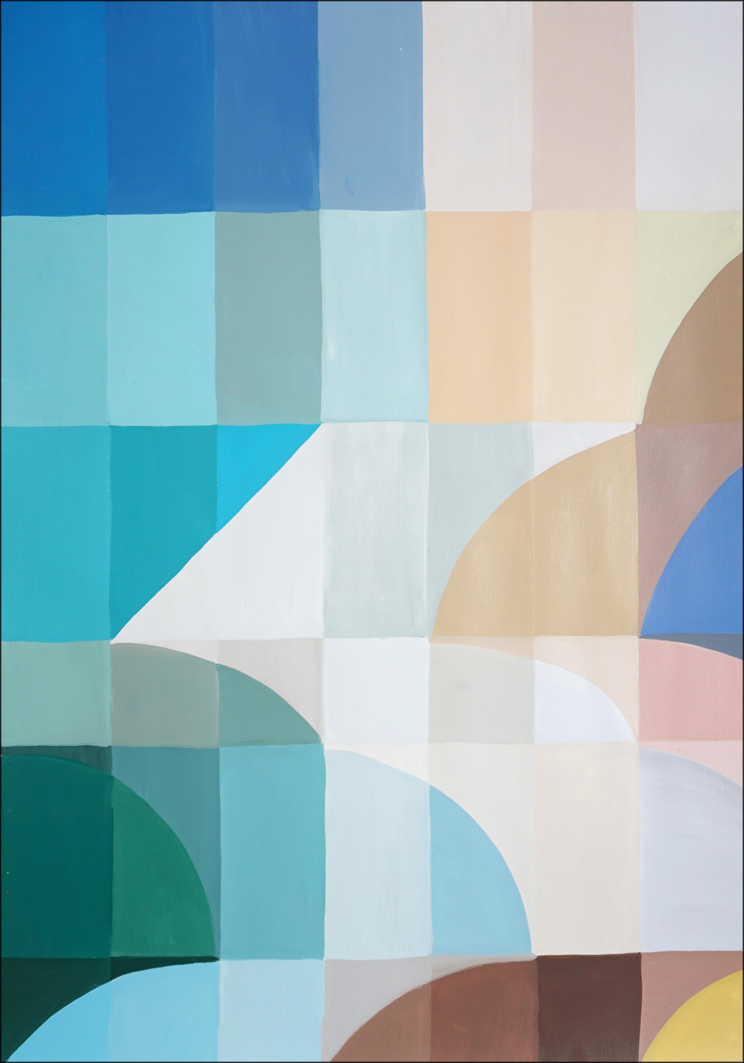 Green to Indigo Staircase, Triptychon Fragmentation Hue, Bauhaus Curves Geometry (Blau), Landscape Painting, von Natalia Roman