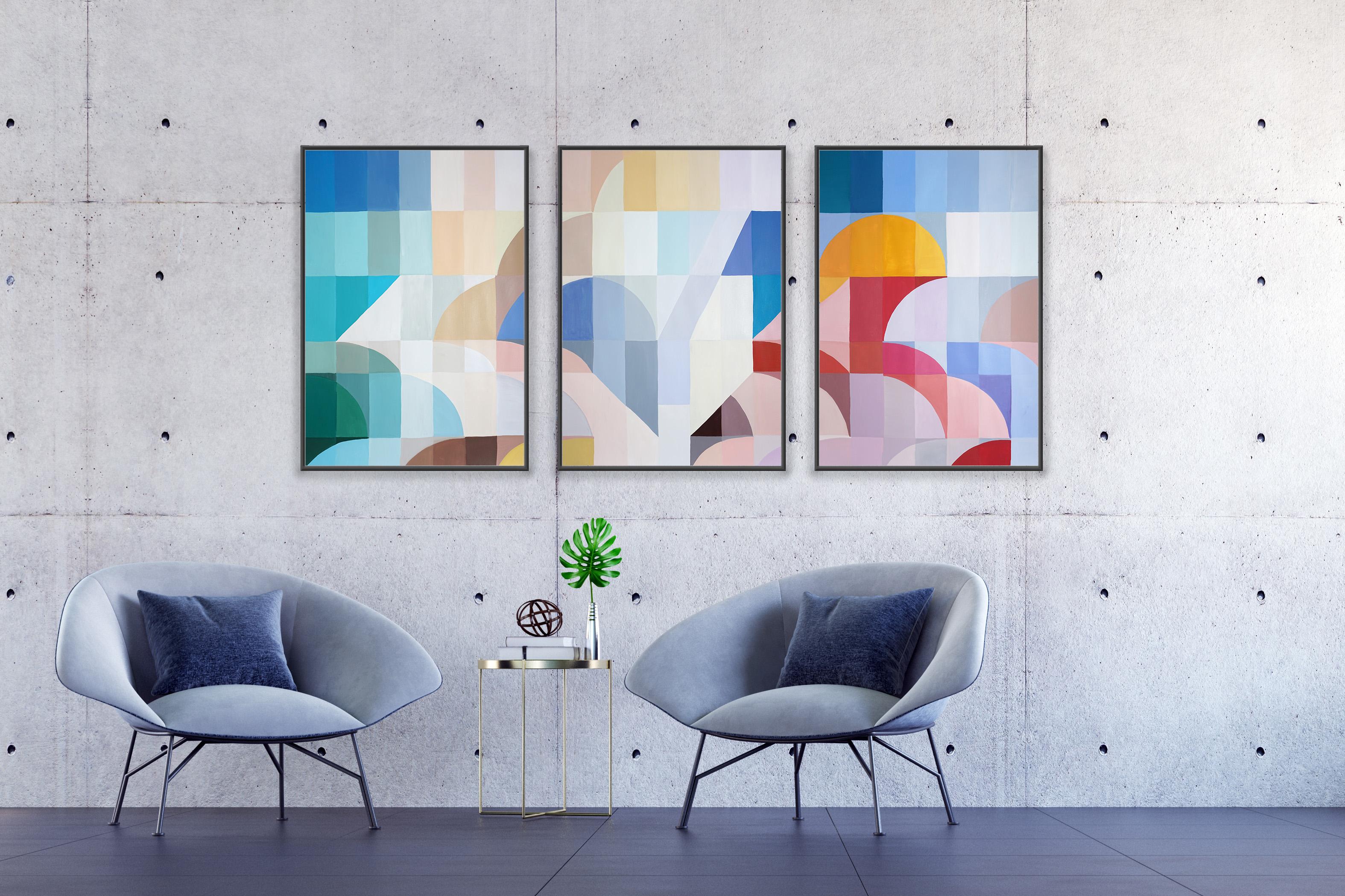 Green to Indigo Staircase, Triptychon Fragmentation Hue, Bauhaus Curves Geometry im Angebot 2