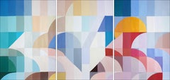 Green to Indigo Staircase, Triptychon Fragmentation Hue, Bauhaus Curves Geometry