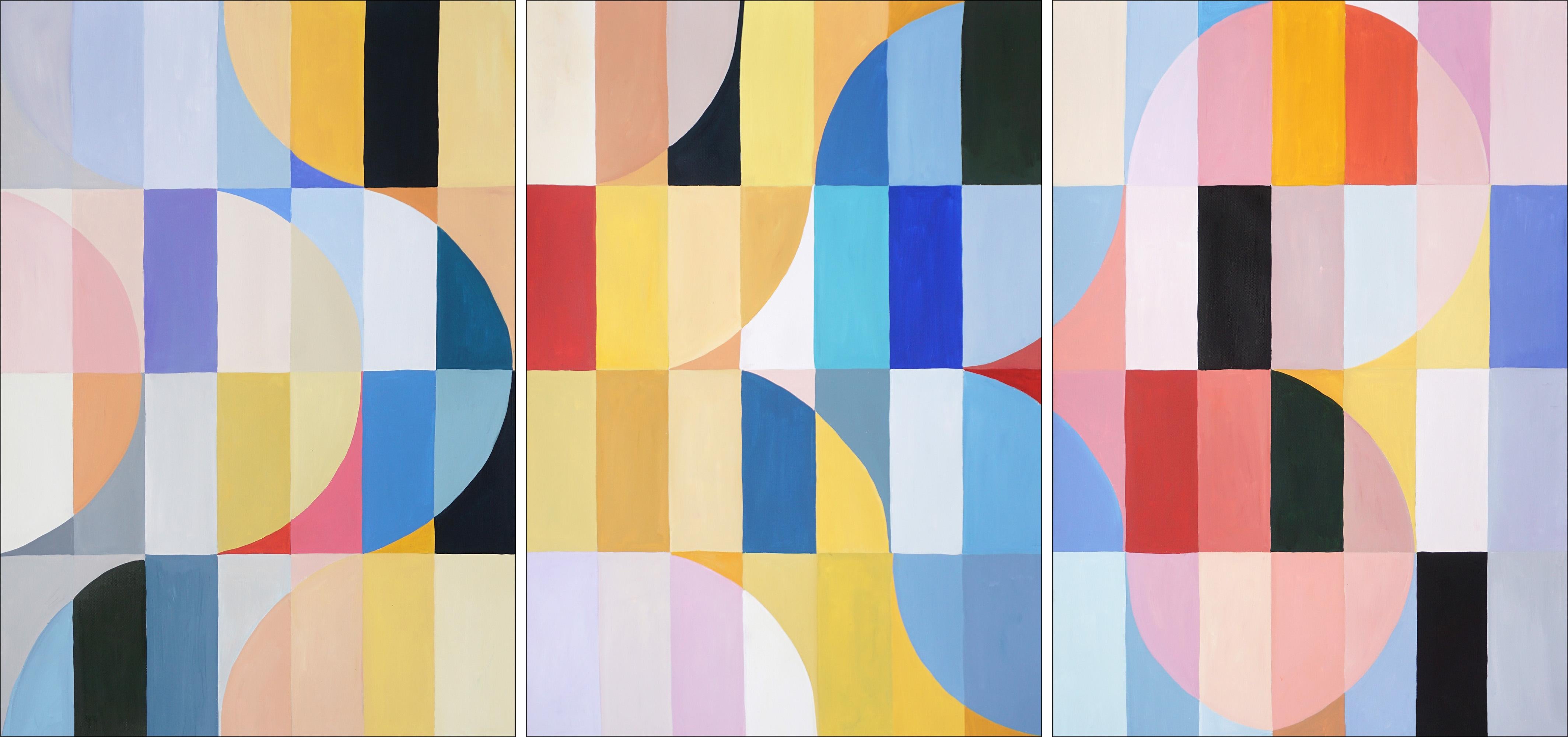 Natalia Roman Landscape Painting - Hearty Pastel Dunes, Bauhaus Geometric Triptych Grid, Abstract Landscape, Purple
