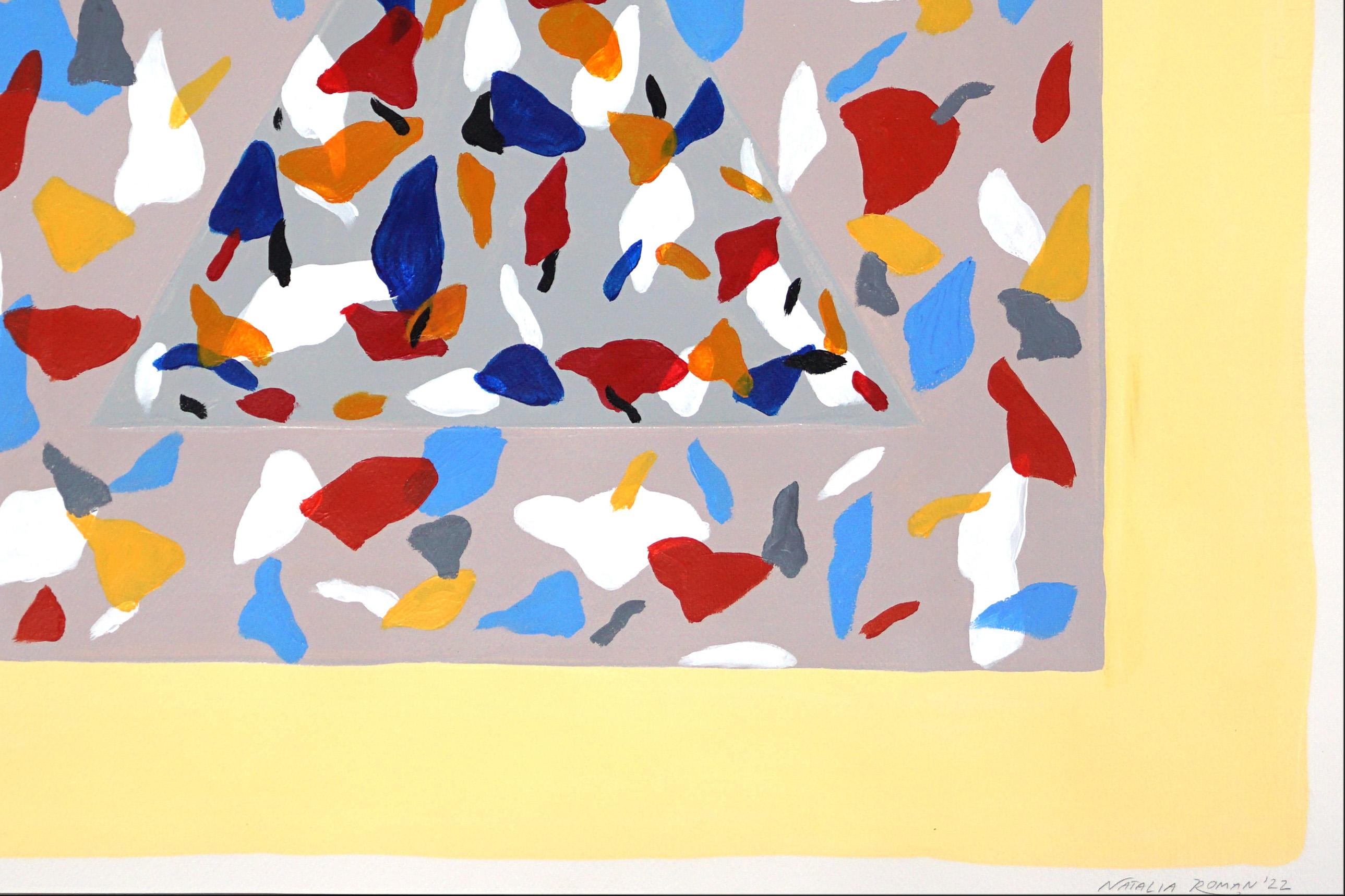 Hidden Shapes and Primary Colors, Geometrische Terrazzo-Muster, hellbrauner Hintergrund (Geometrische Abstraktion), Painting, von Natalia Roman