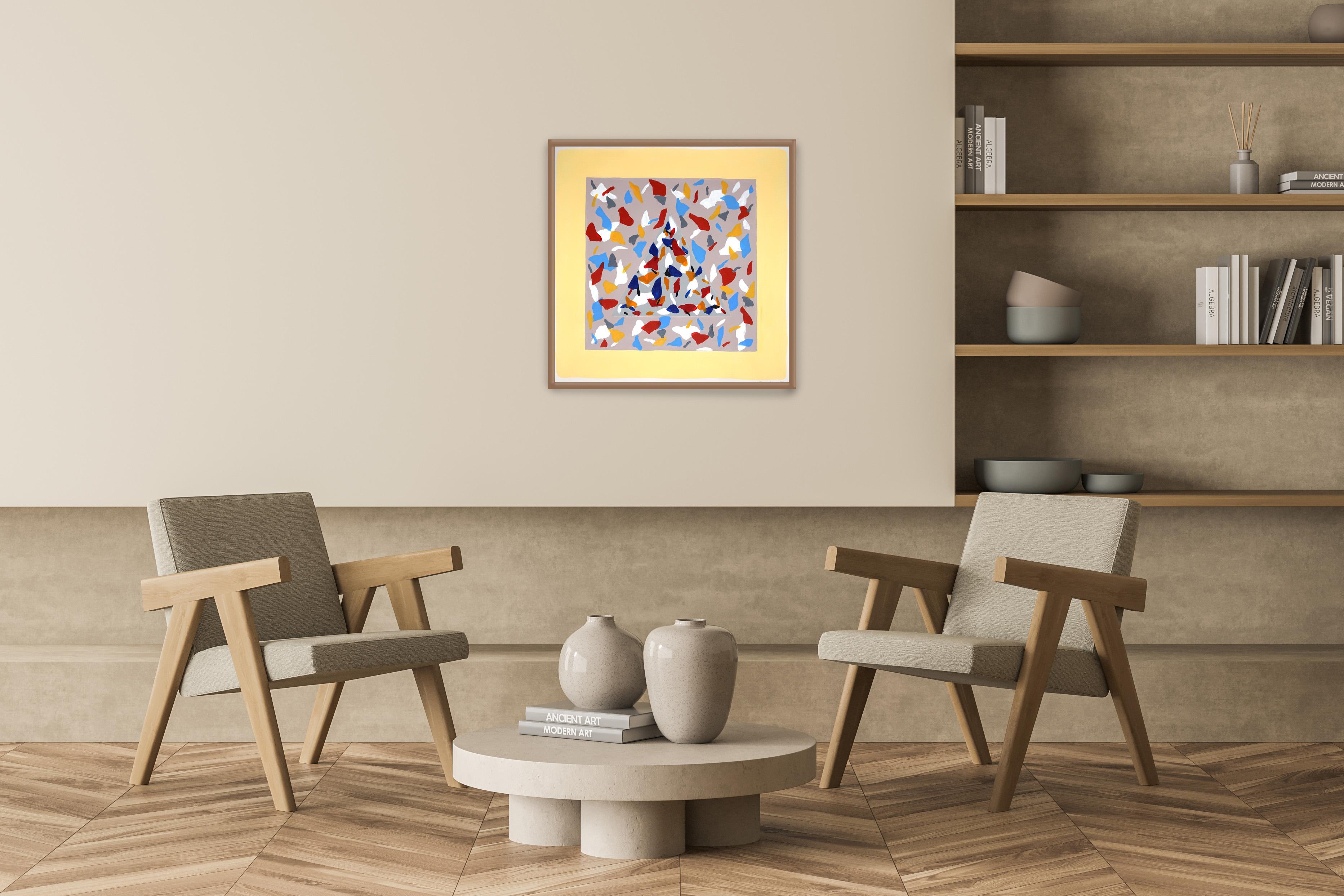 Hidden Shapes and Primary Colors, Geometric Terrazzo Patterns, Tan Background - Beige Abstract Painting by Natalia Roman
