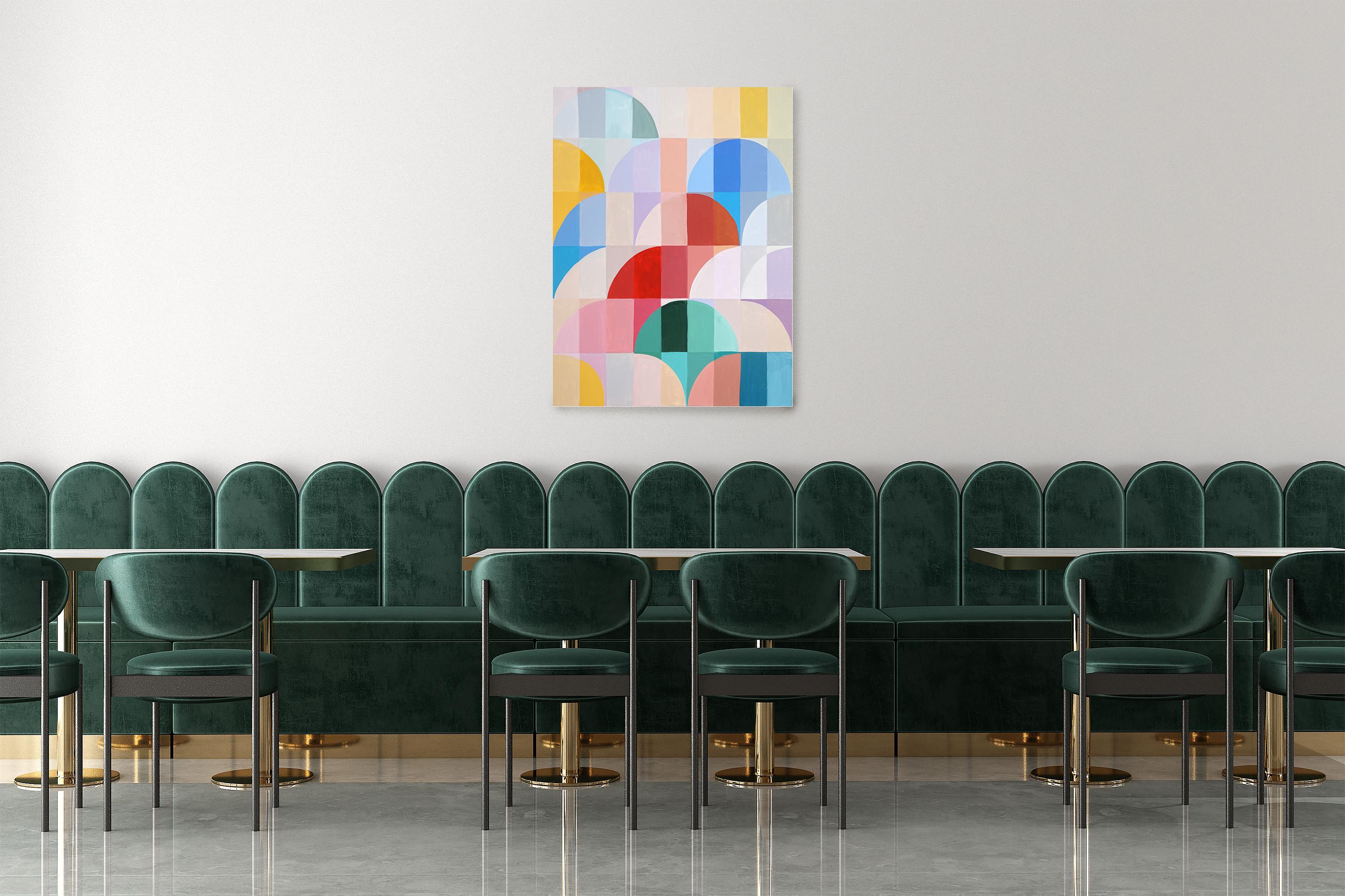 Vuelo en globo aerostático, paisaje geométrico, transiciones de tonos vivos, lienzo - Painting de Natalia Roman