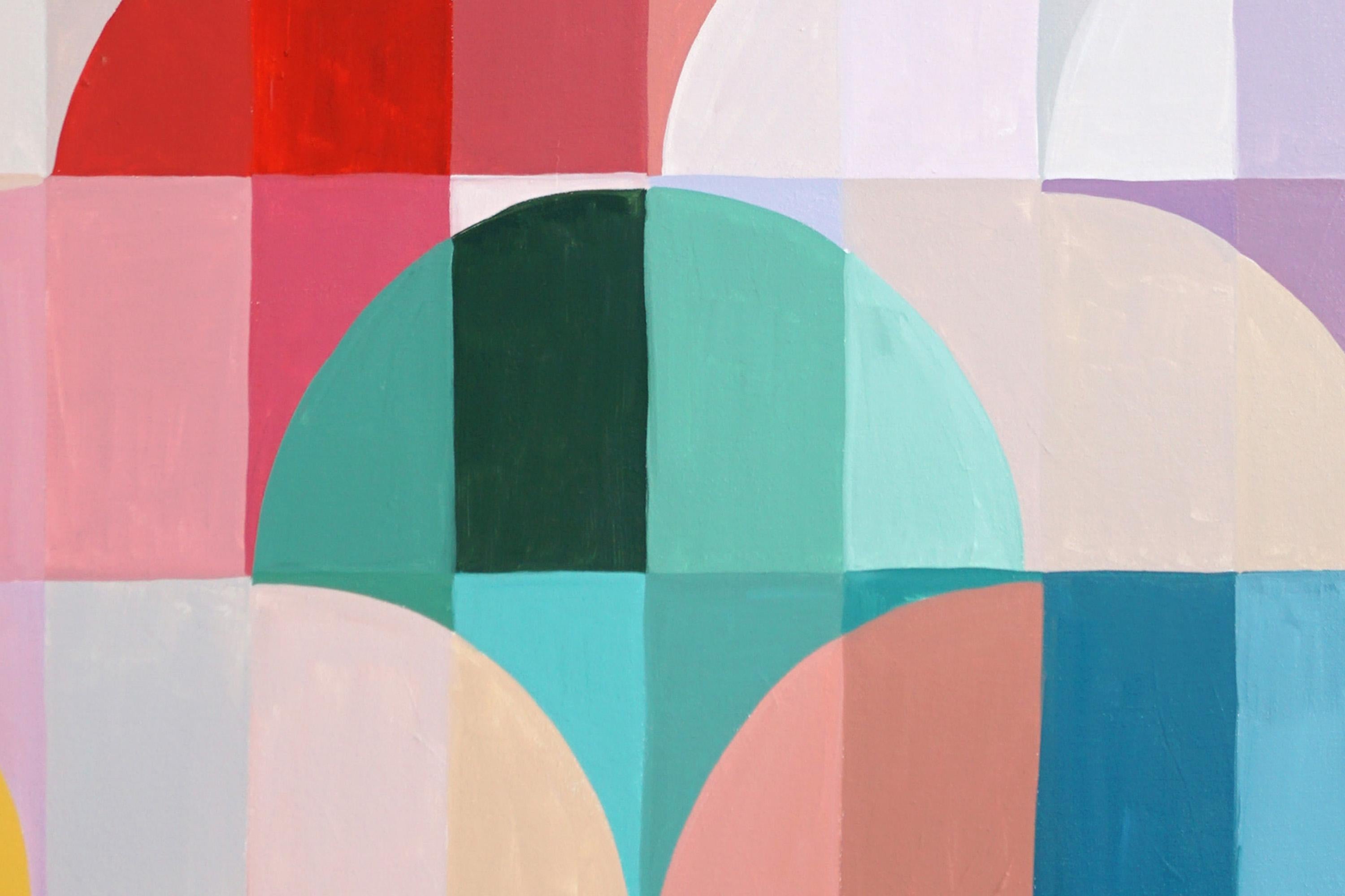 Vuelo en globo aerostático, paisaje geométrico, transiciones de tonos vivos, lienzo - Painting Cubista analítico de Natalia Roman