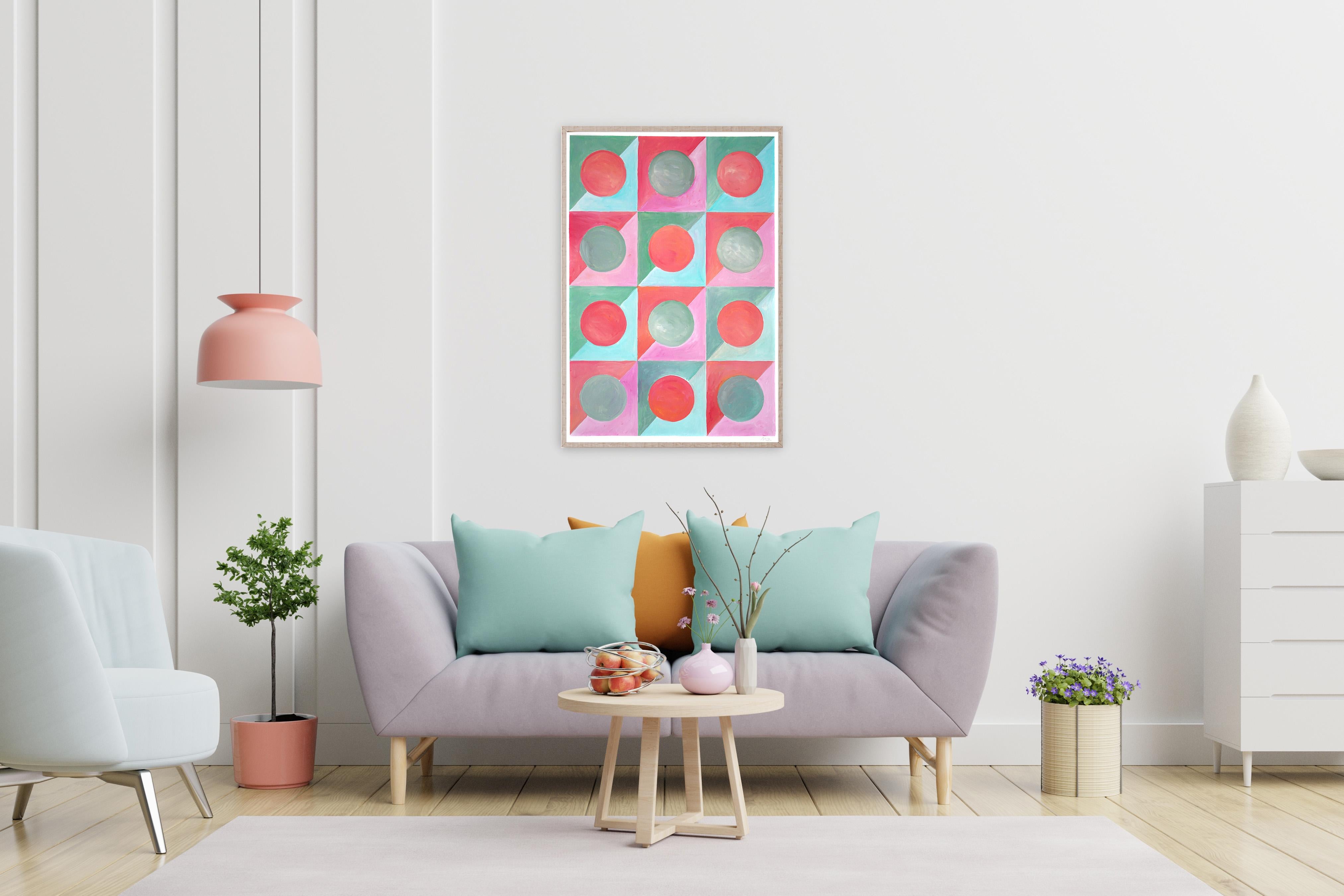 Courtepointe Kaleidoscope I, motif géométrique Art Déco, carreaux rouges, turquoises et verts - Vert Abstract Painting par Natalia Roman