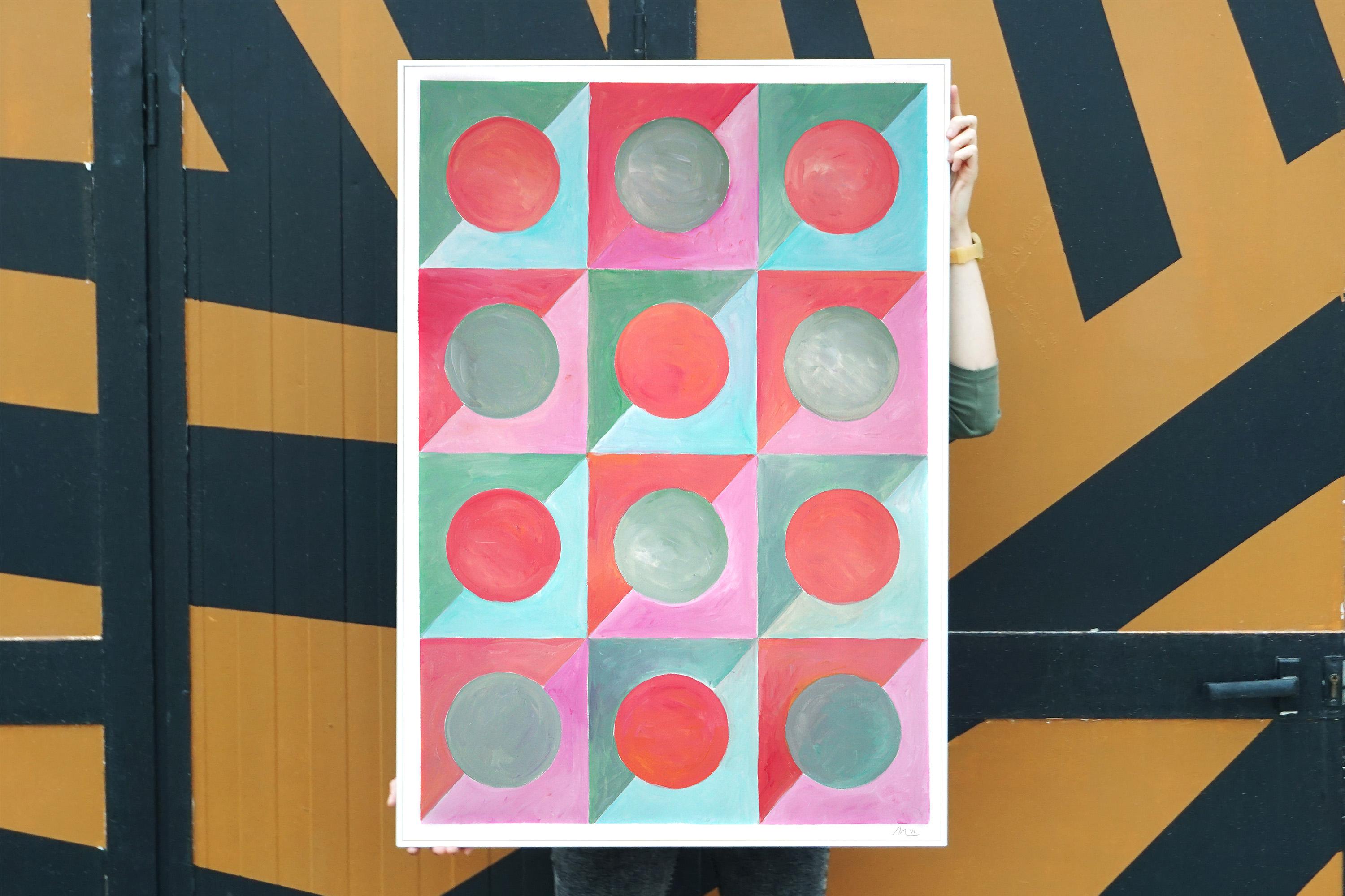Courtepointe Kaleidoscope I, motif géométrique Art Déco, carreaux rouges, turquoises et verts en vente 4