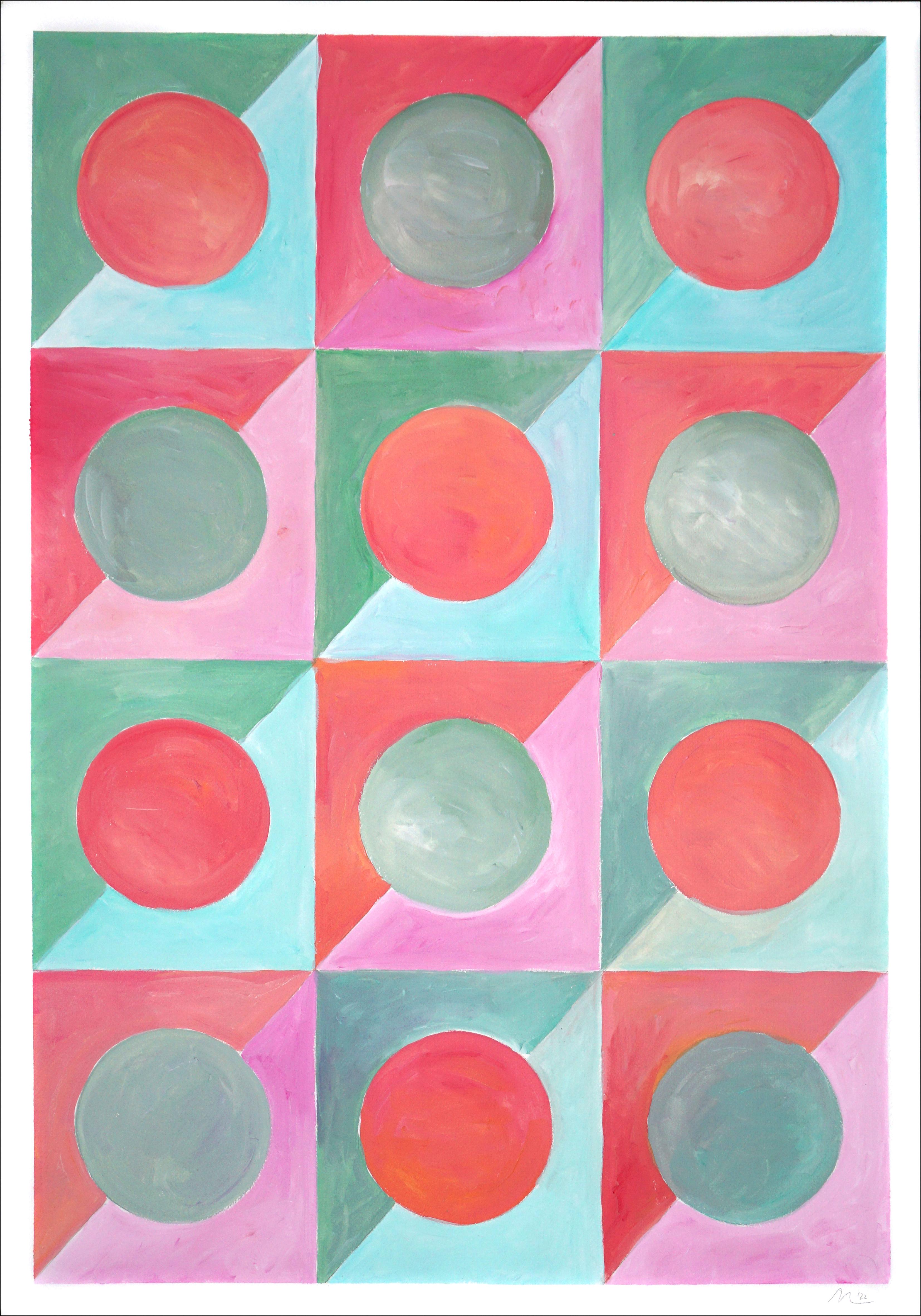 Abstract Painting Natalia Roman - Courtepointe Kaleidoscope I, motif géométrique Art Déco, carreaux rouges, turquoises et verts