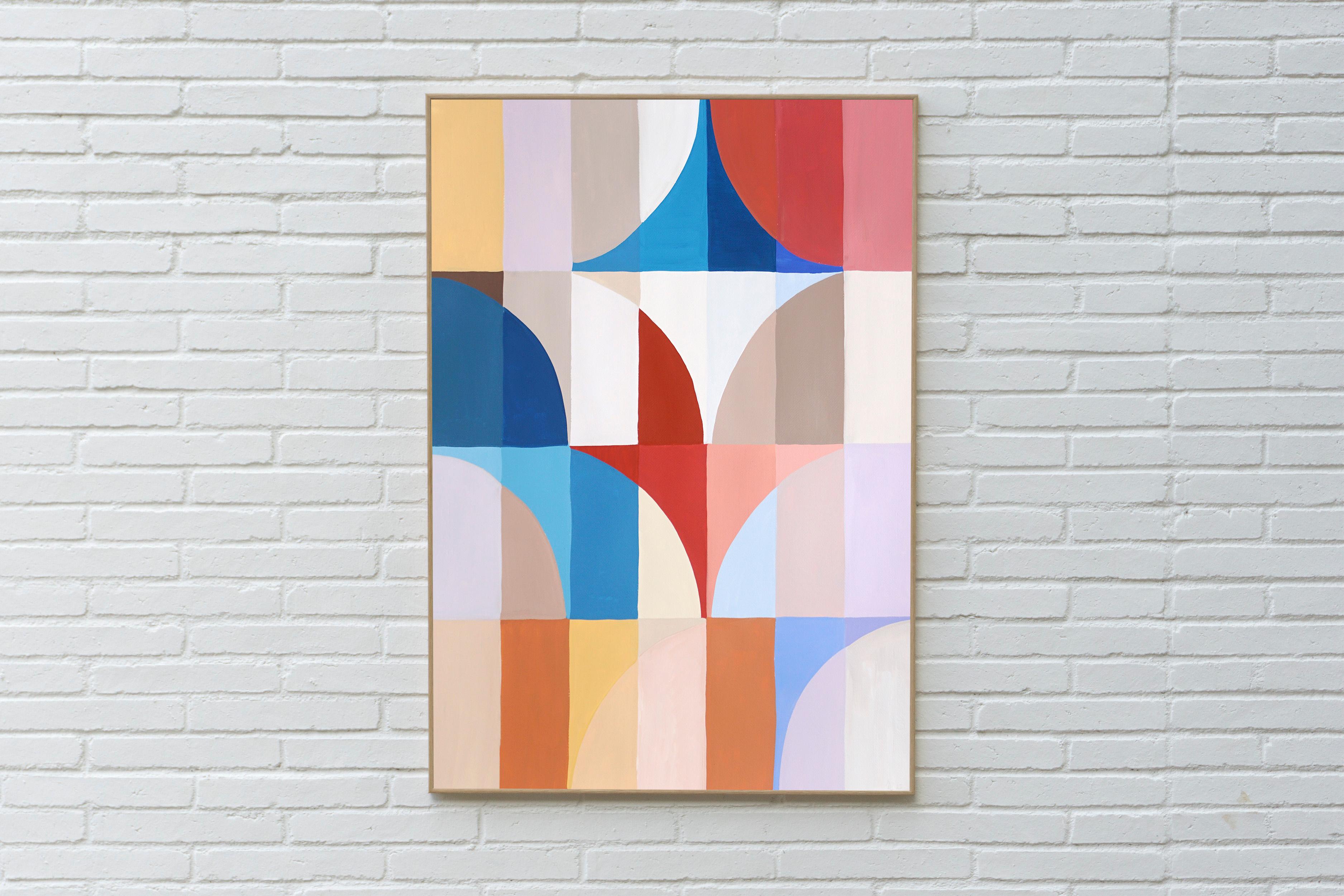 Espejismo lacustre, Paisaje geométrico abstracto Bauhaus, Azul, Rojo, Azulejos, Papel - Painting de Natalia Roman