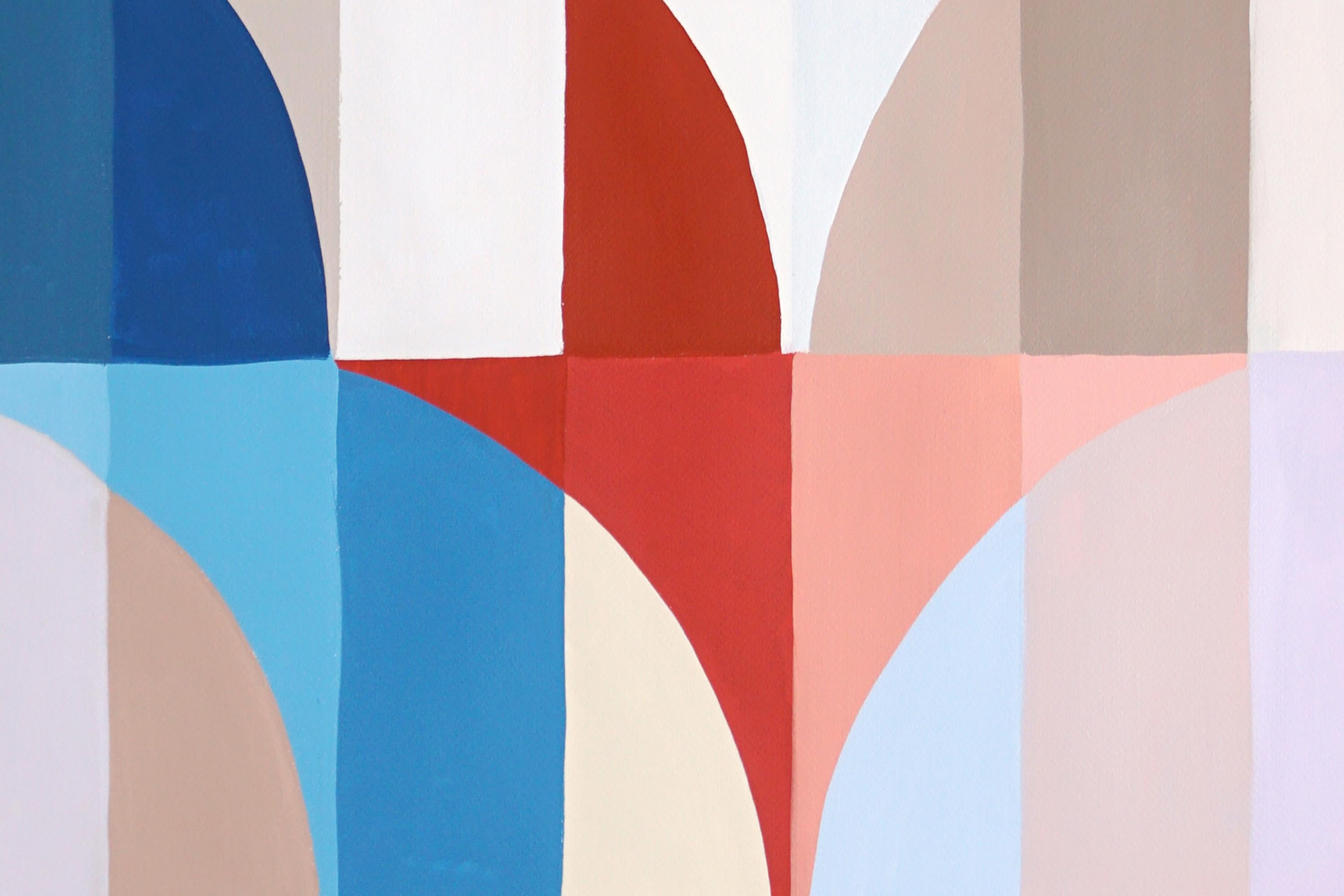 Espejismo lacustre, Paisaje geométrico abstracto Bauhaus, Azul, Rojo, Azulejos, Papel - Landscape Painting Beige de Natalia Roman