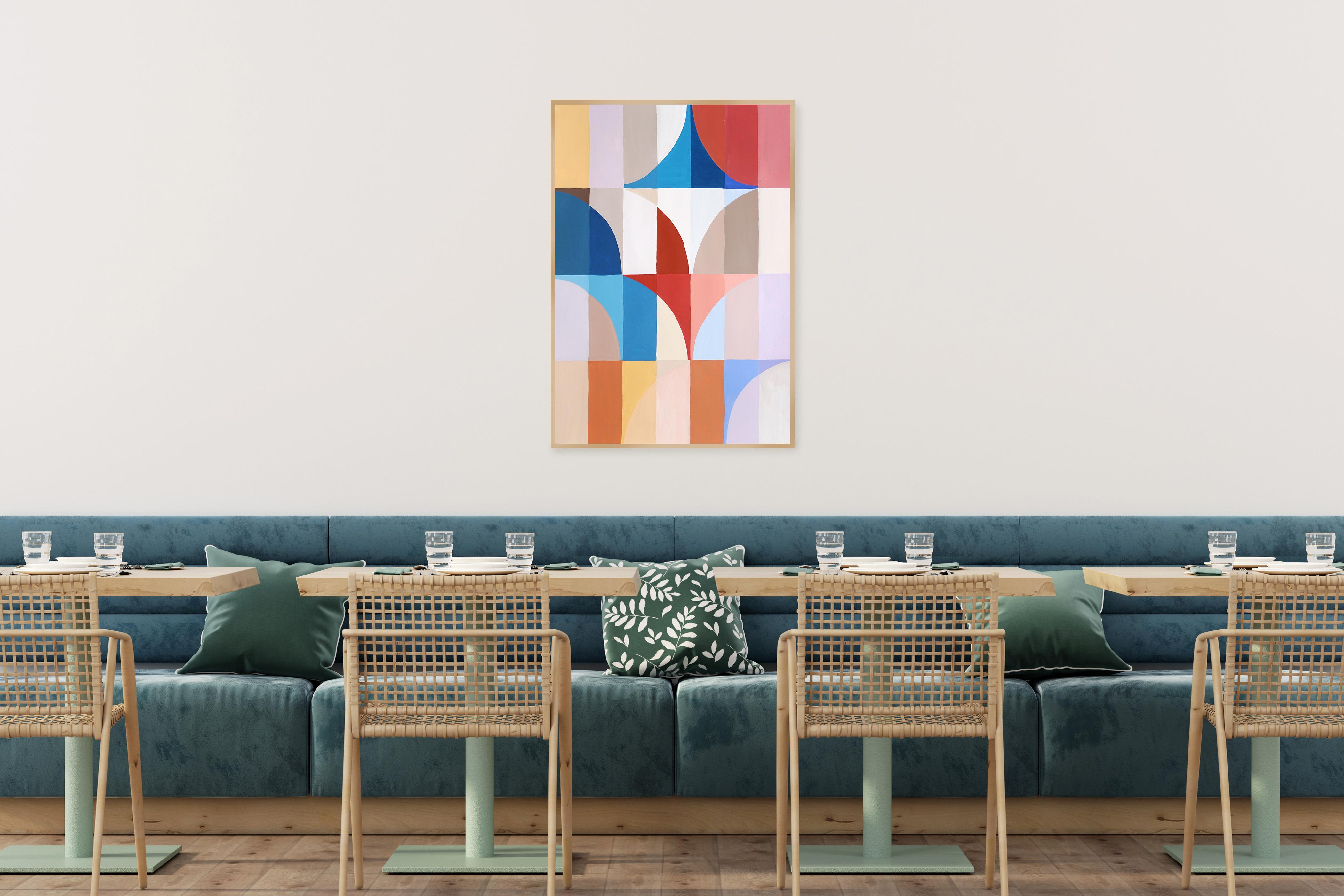 Esta serie de pinturas geométricas abstractas de Natalia Roman se inspira en las elegantes cuadrículas y curvas de la arquitectura Bauhaus, al tiempo que explora variaciones de colores brillantes y pastel. Los arcos y curvas, meticulosamente
