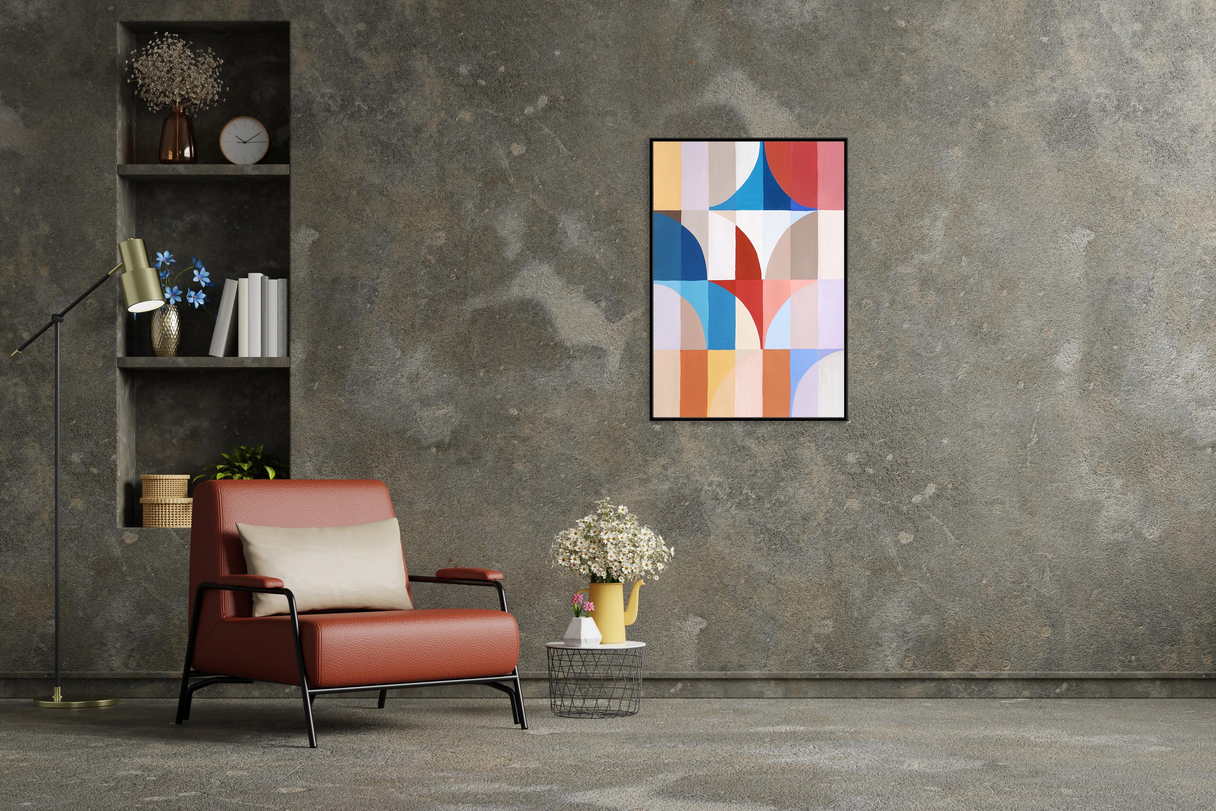 Espejismo lacustre, Paisaje geométrico abstracto Bauhaus, Azul, Rojo, Azulejos, Papel en venta 1