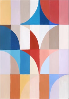 Miraggio sul lago, paesaggio astratto geometrico Bauhaus, blu, rosso, piastrelle, carta