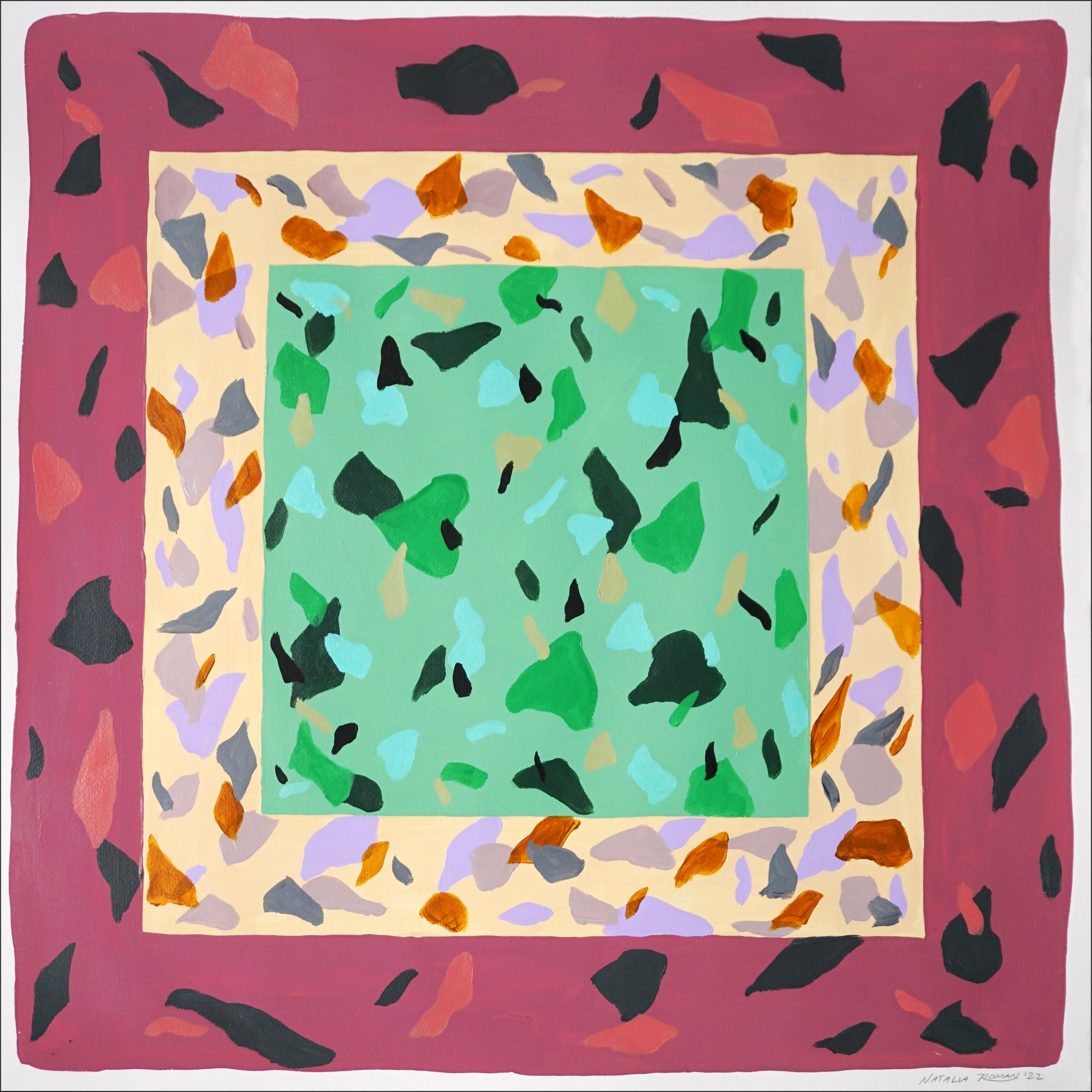 Natalia Roman Abstract Painting - Landscape from Above, Geometry Composition,  Overlapped Squares in Red and Green