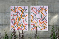 Large Abstract Diptych of Yellow Subtle Movements on Violet, Urban Brushstrokes