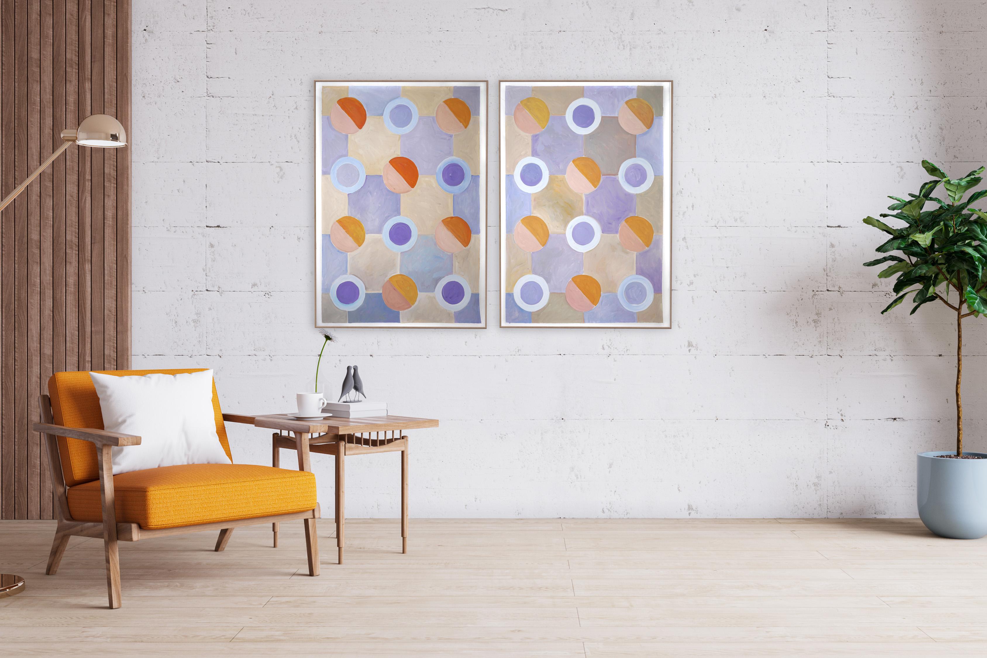 Large Diptych, Pastel Tones of Cool Futurist Checkered Pattern, Orange, Violet  - Painting by Natalia Roman