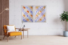 Large Diptych, Pastel Tones of Cool Futurist Checkered Pattern, Orange, Violet