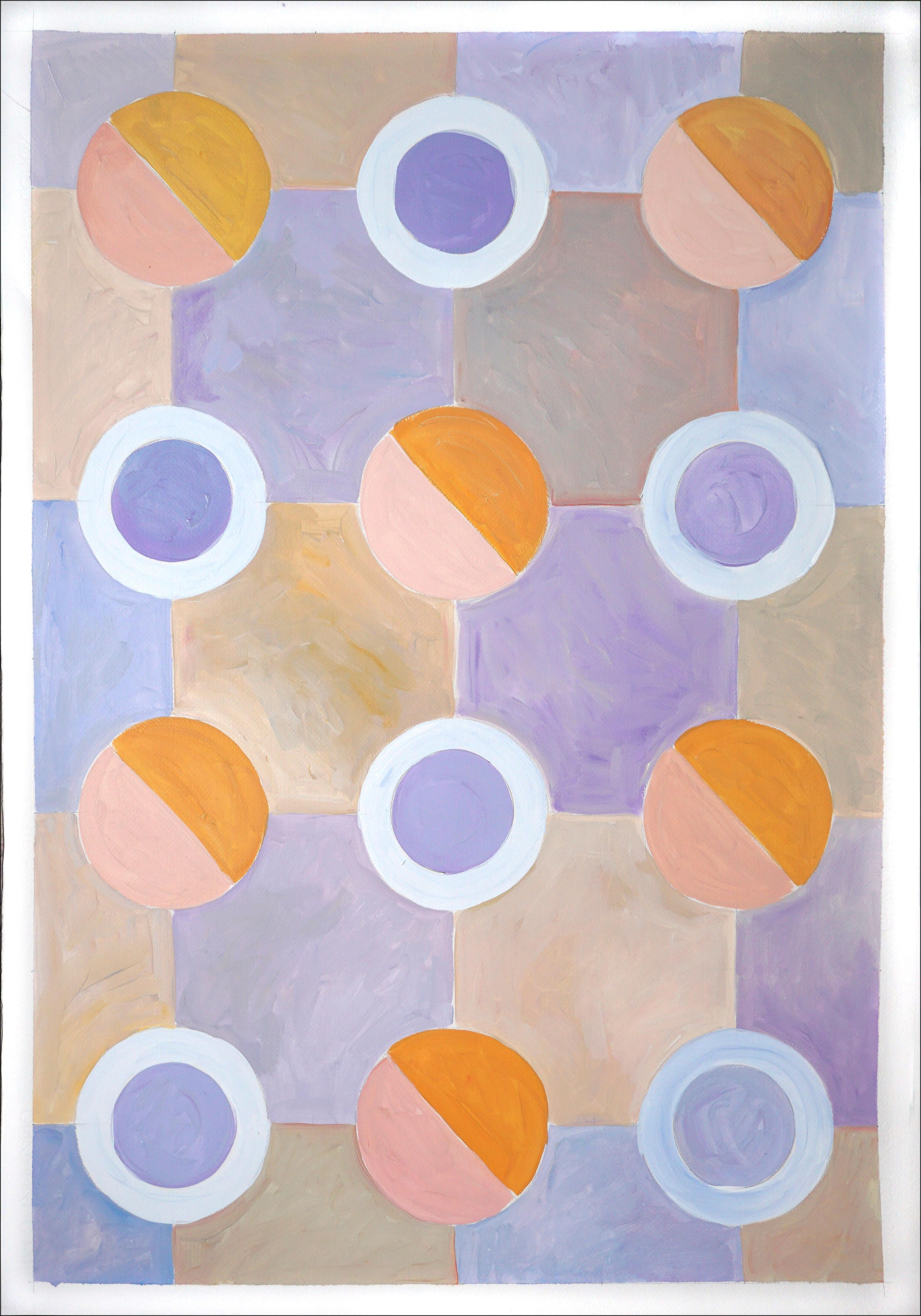 Large Diptych, Pastel Tones of Cool Futurist Checkered Pattern, Orange, Violet  - Bauhaus Painting by Natalia Roman