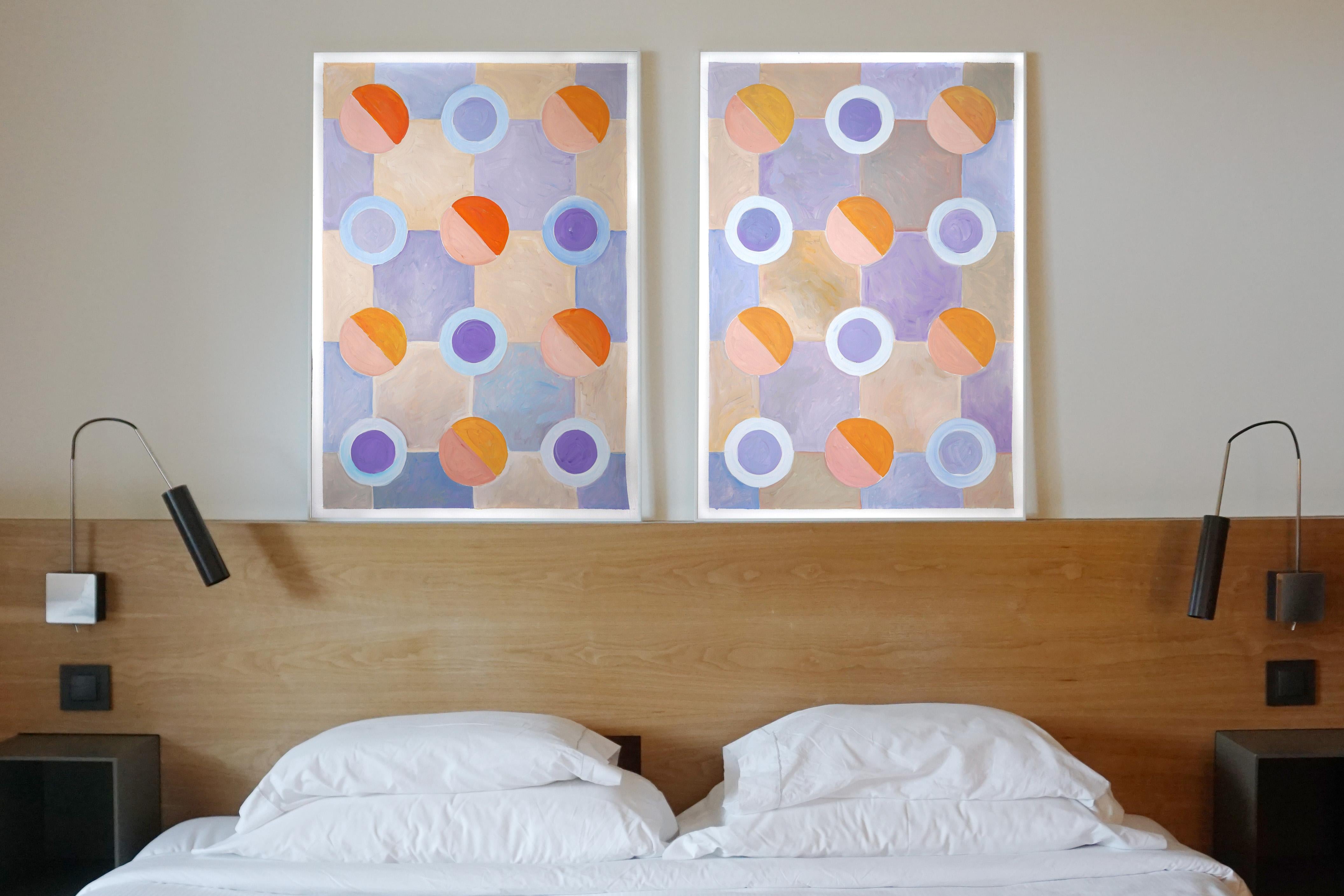 Large Diptych, Pastel Tones of Cool Futurist Checkered Pattern, Orange, Violet  - Gray Landscape Painting by Natalia Roman