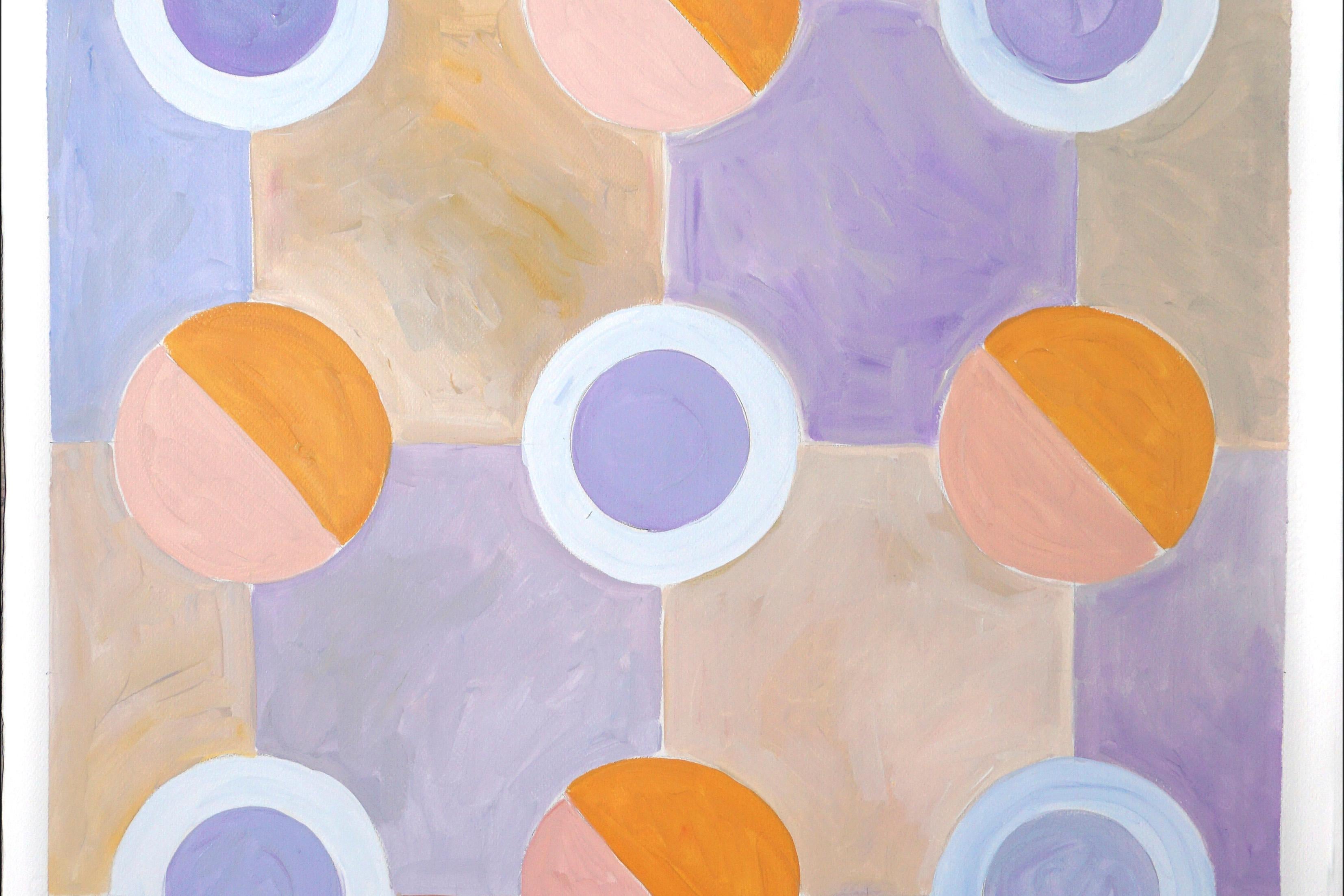 Large Diptych, Pastel Tones of Cool Futurist Checkered Pattern, Orange, Violet  1