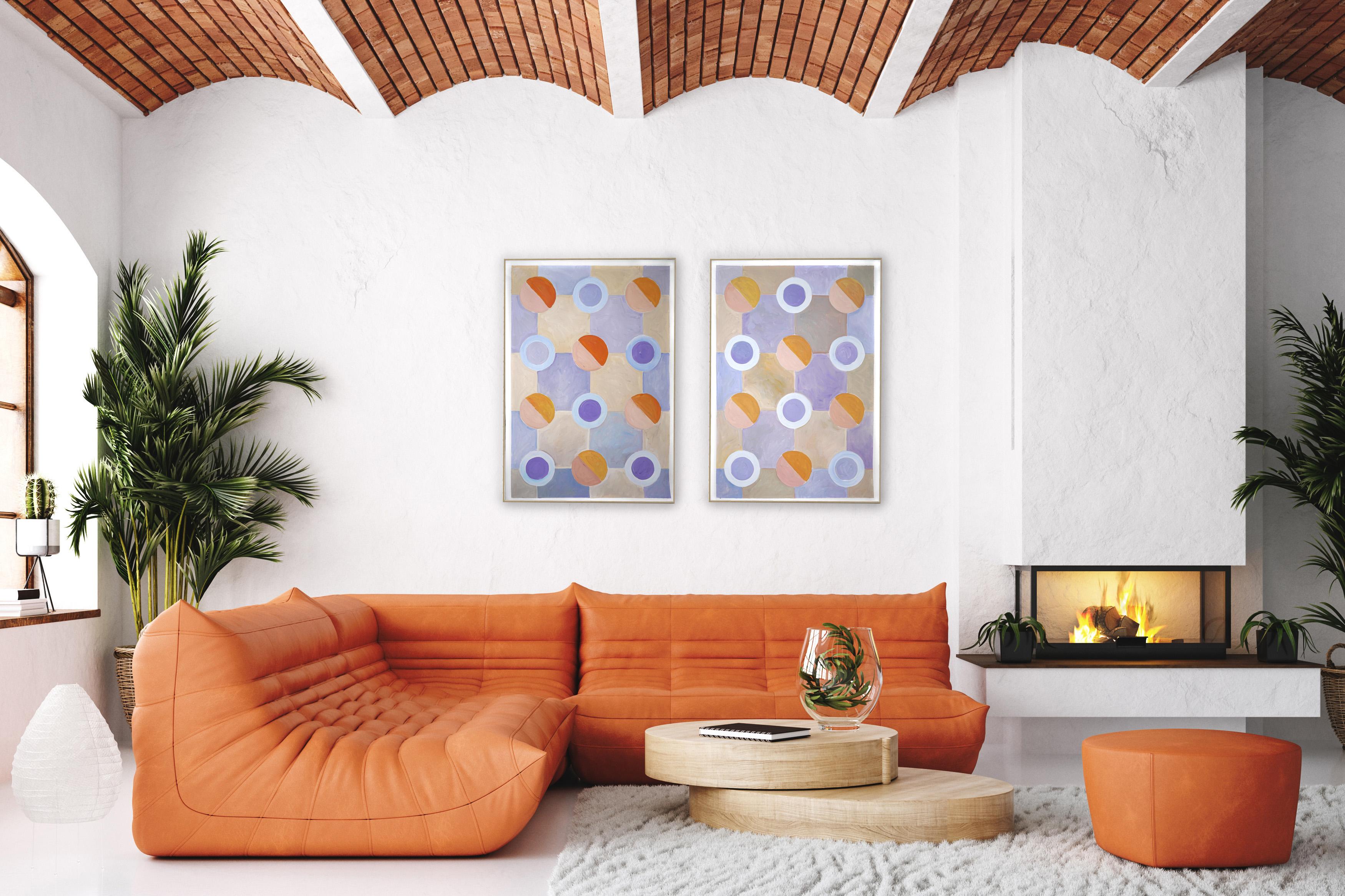 Large Diptych, Pastel Tones of Cool Futurist Checkered Pattern, Orange, Violet  2