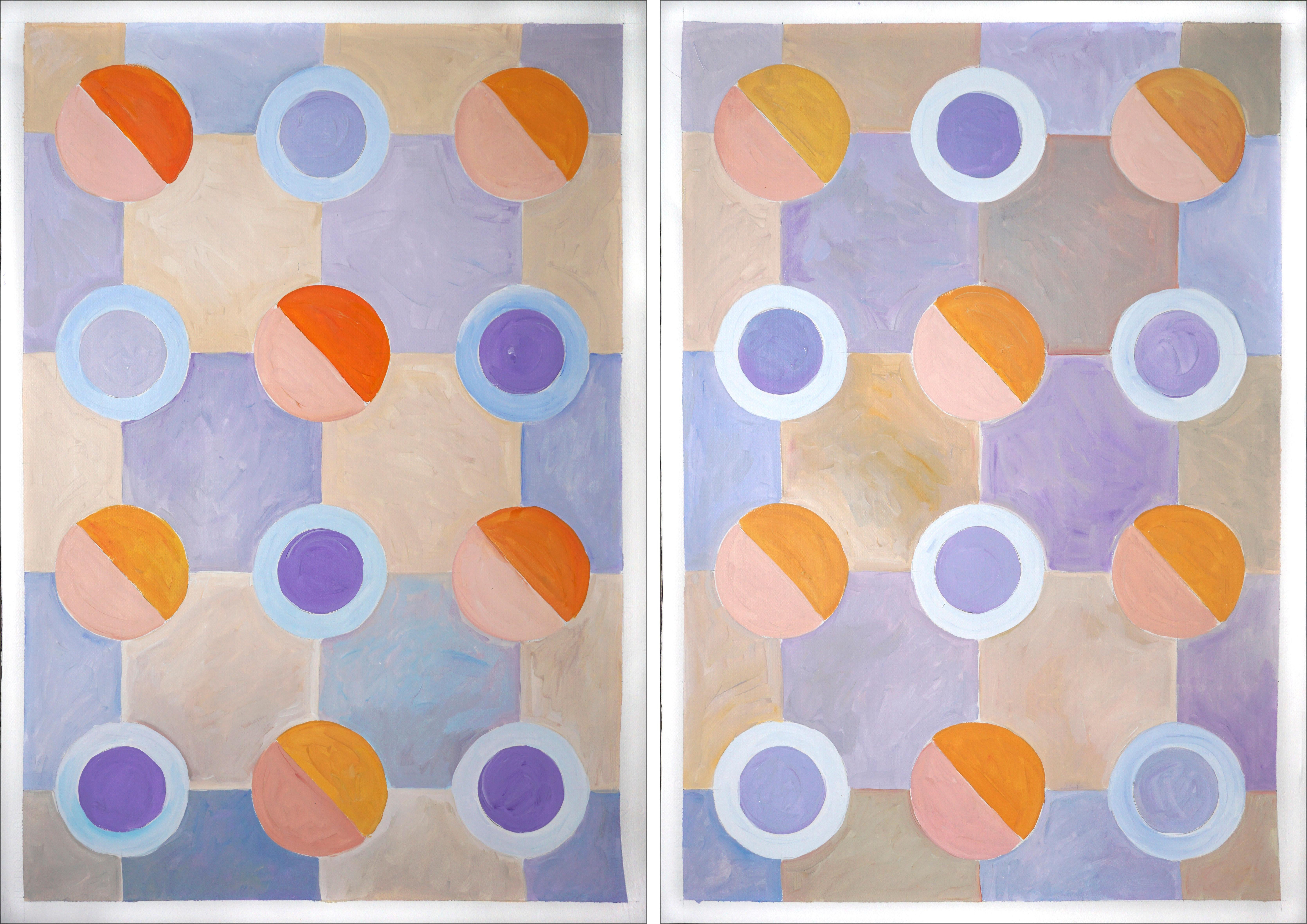 Natalia Roman Landscape Painting - Large Diptych, Pastel Tones of Cool Futurist Checkered Pattern, Orange, Violet 