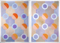 Large Diptych, Pastel Tones of Cool Futurist Checkered Pattern, Orange, Violet 