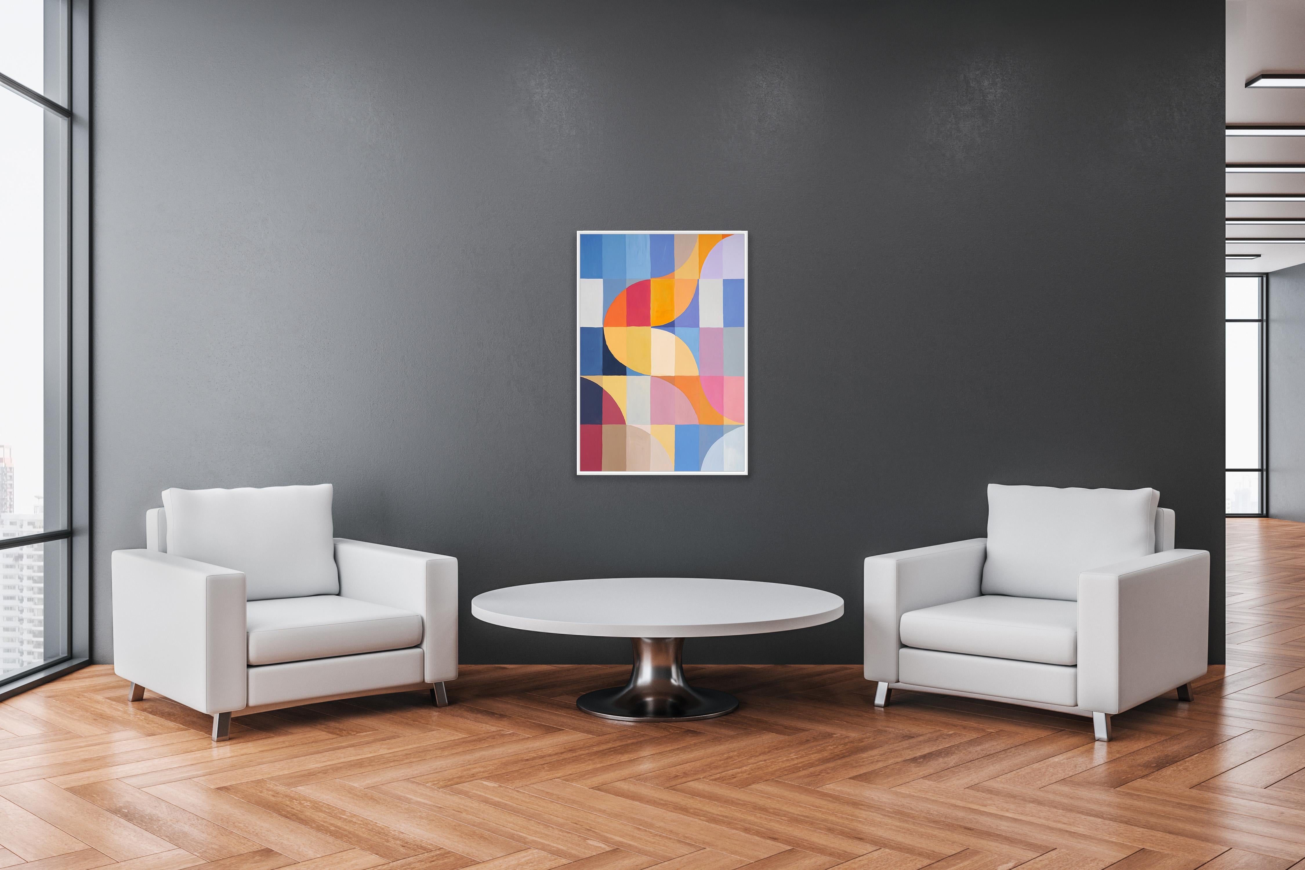 Questa serie di dipinti geometrici astratti di Natalia Roman trae ispirazione dalle griglie e dalle curve eleganti dell'architettura Bauhaus, esplorando allo stesso tempo variazioni di colori vivaci e pastello. Gli archi e le curve, meticolosamente