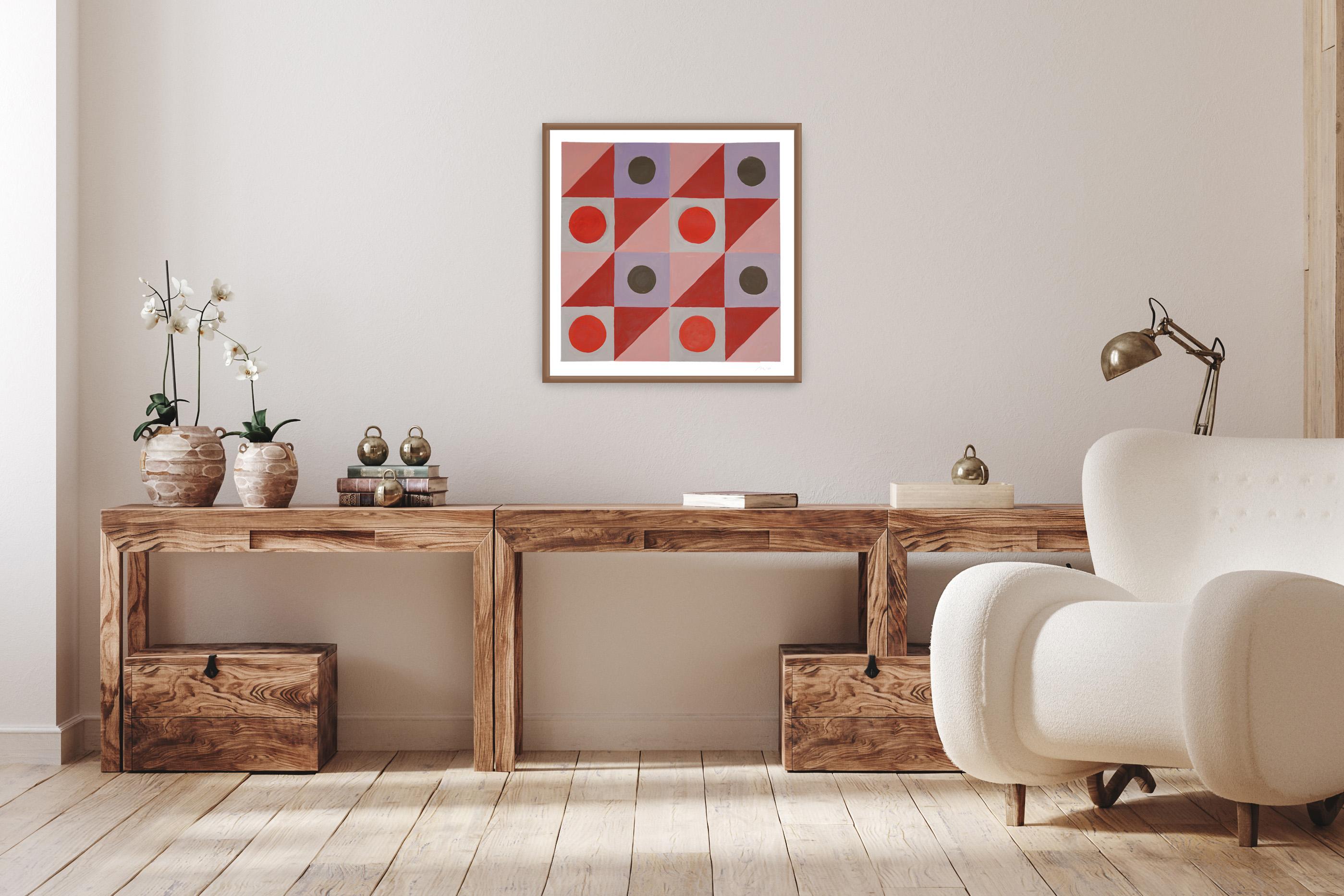 Late Spring Poppy Flower, Geometric Grid, Modernist Tiles, Red and Pink Circles - Painting by Natalia Roman
