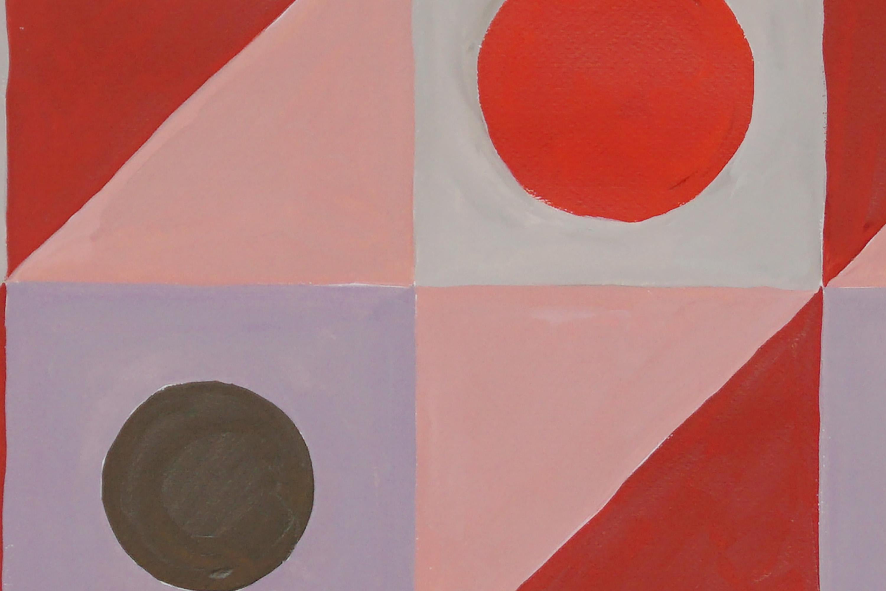 Late Spring Poppy Flower, Geometric Grid, Modernist Tiles, Red and Pink Circles - Bauhaus Painting by Natalia Roman