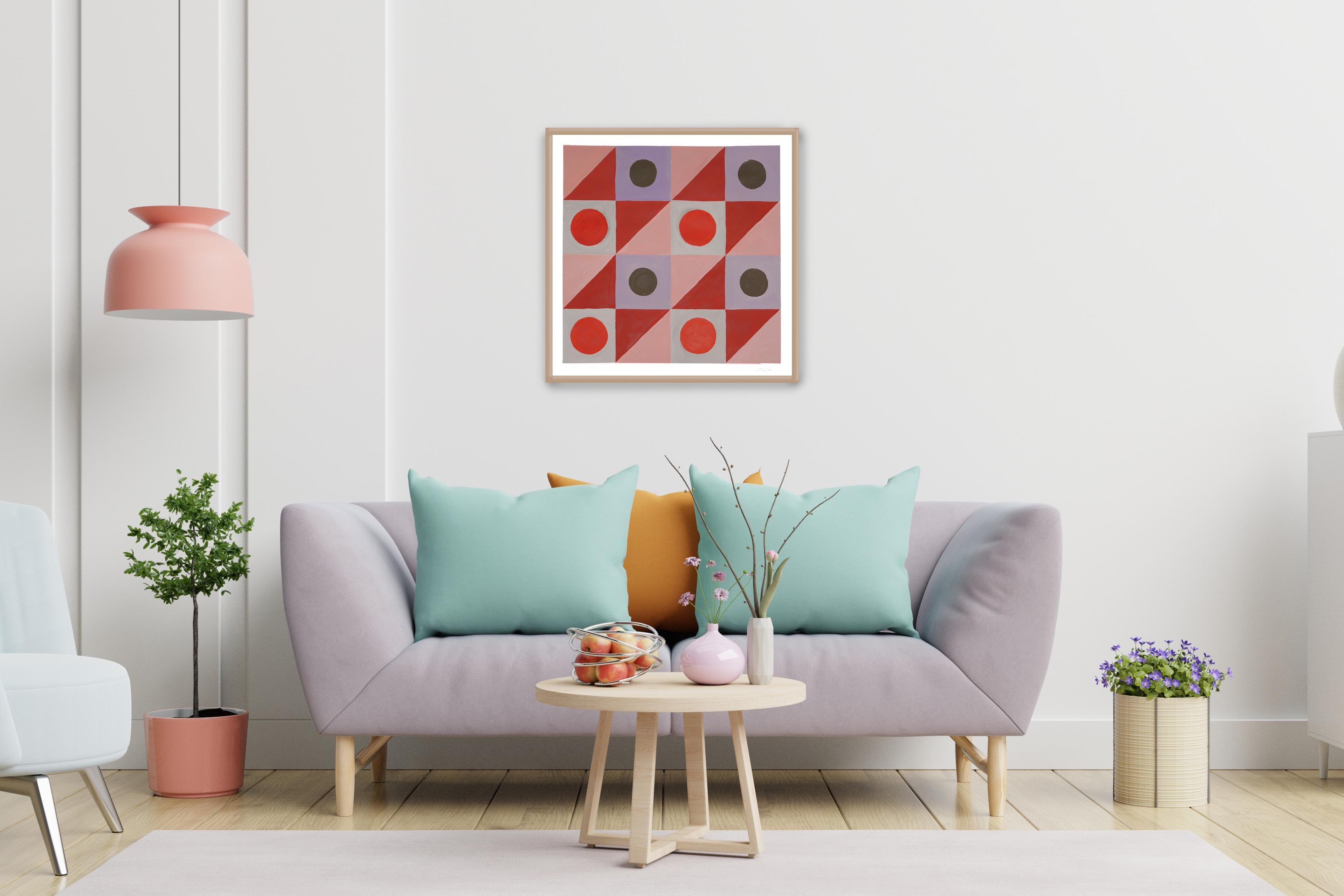 Fiore di papavero di tarda primavera, forme geometriche, griglia modernista nei toni del rosso su carta in vendita 2