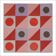 Late Spring Poppy Flower, Geometric Grid, Modernist Tiles, Red and Pink Circles