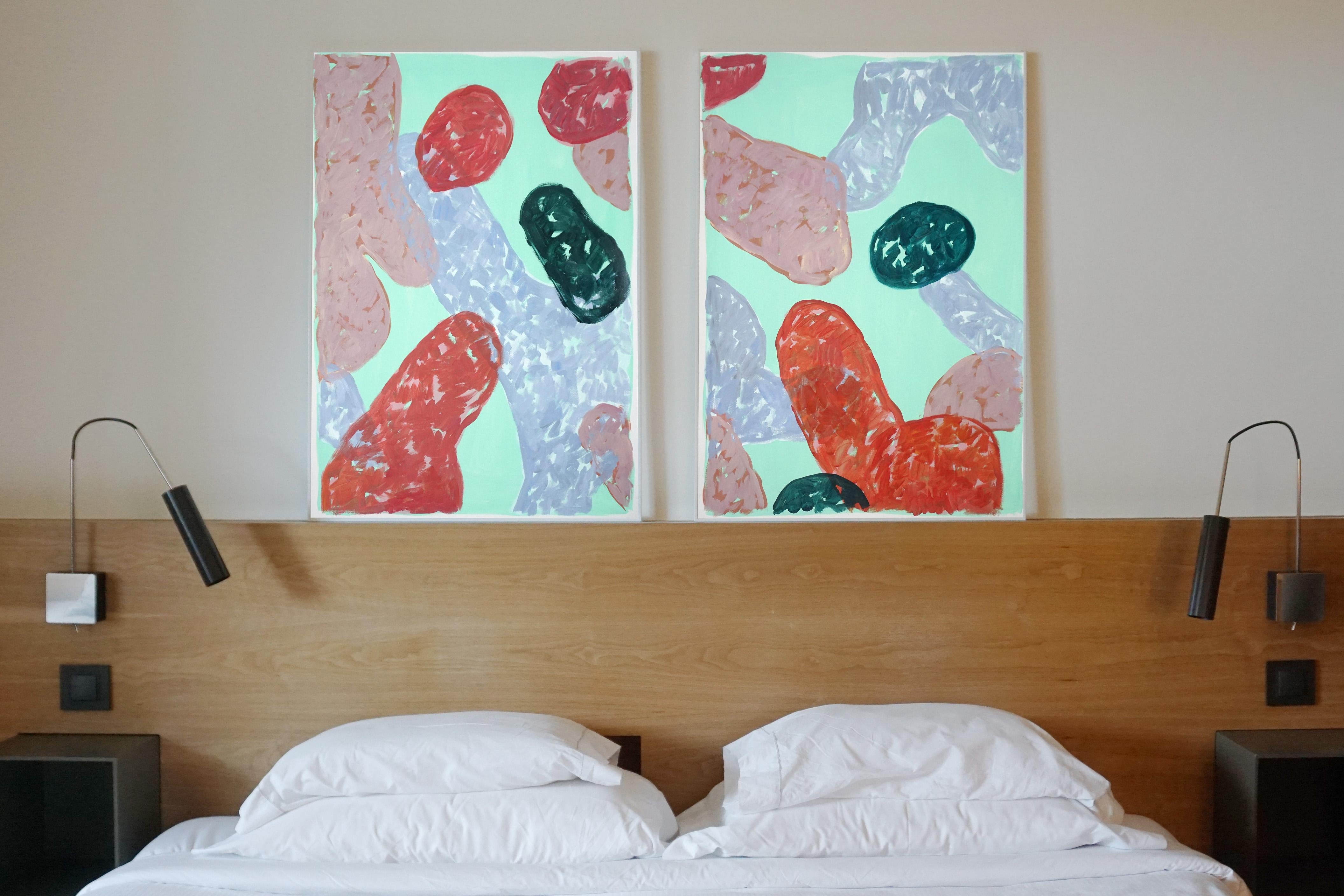 Late Summer Fruit, Cold Green, Pink Large Abstract Diptych, Impressionist Shapes - Painting by Natalia Roman