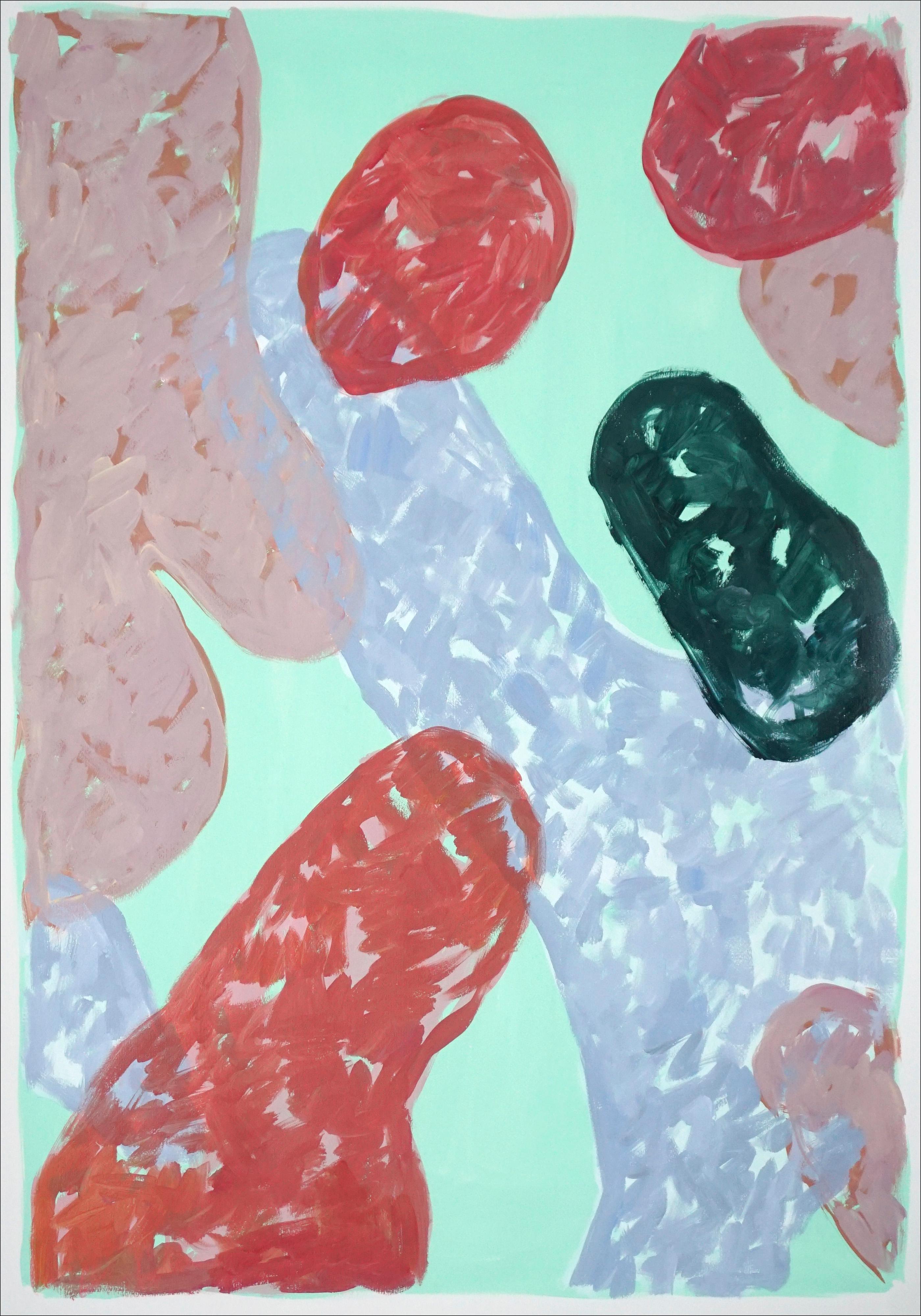 Fruta del final del verano, verde frío, rosa Díptico abstracto grande, formas impresionistas - Abstract Painting Gris de Natalia Roman