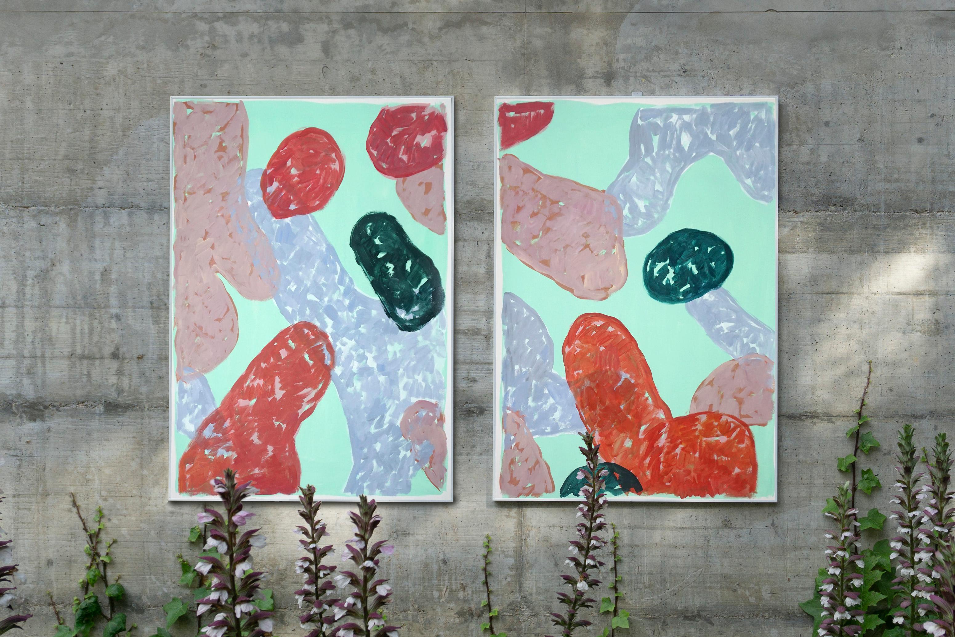 Late Summer Fruit, Cold Green, Pink Large Abstract Diptych, Impressionist Shapes For Sale 2