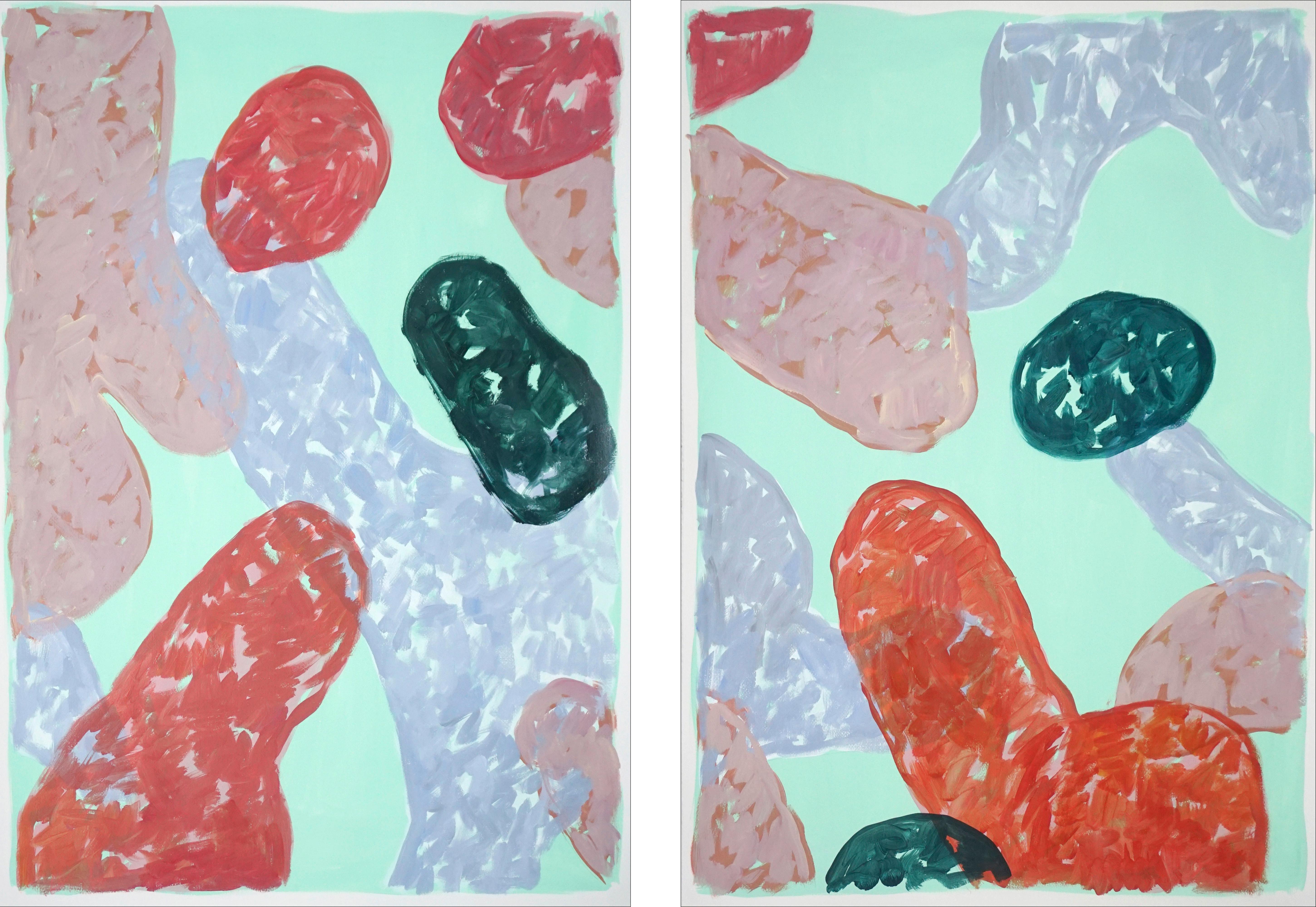 Abstract Painting de Natalia Roman - Fruta del final del verano, verde frío, rosa Díptico abstracto grande, formas impresionistas