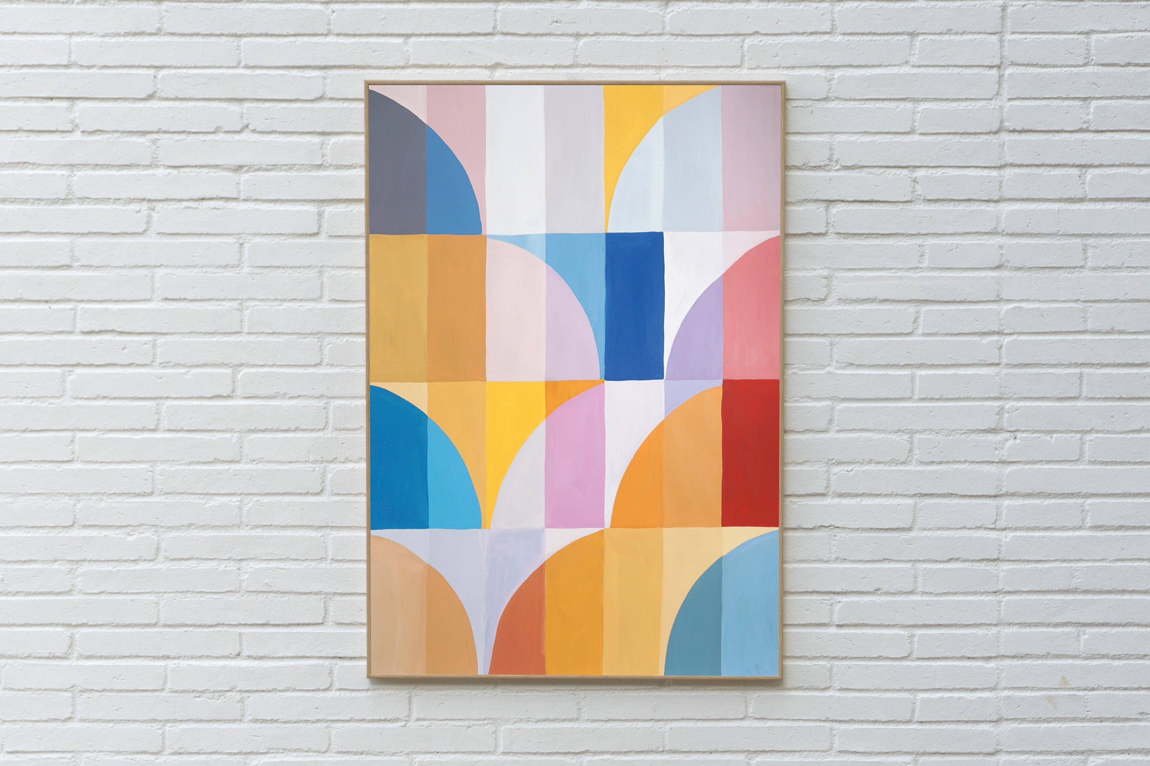 Cielo de finales de verano, Pintura Bauhaus, Arcos y curvas, Pastel amarillo cálido, Papel - Painting de Natalia Roman