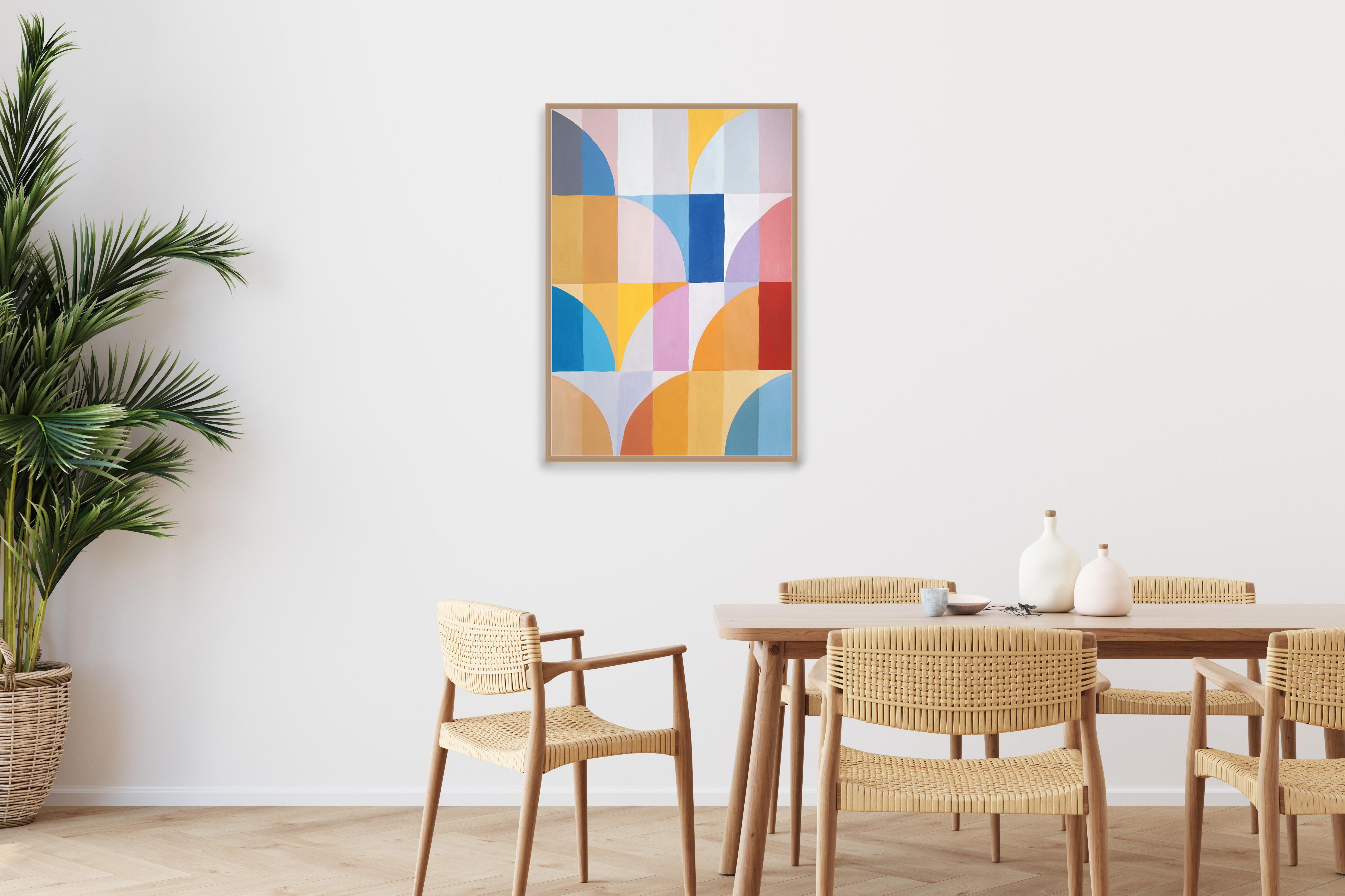 Cielo de finales de verano, Pintura Bauhaus, Arcos y curvas, Pastel amarillo cálido, Papel - Painting Cubista analítico de Natalia Roman