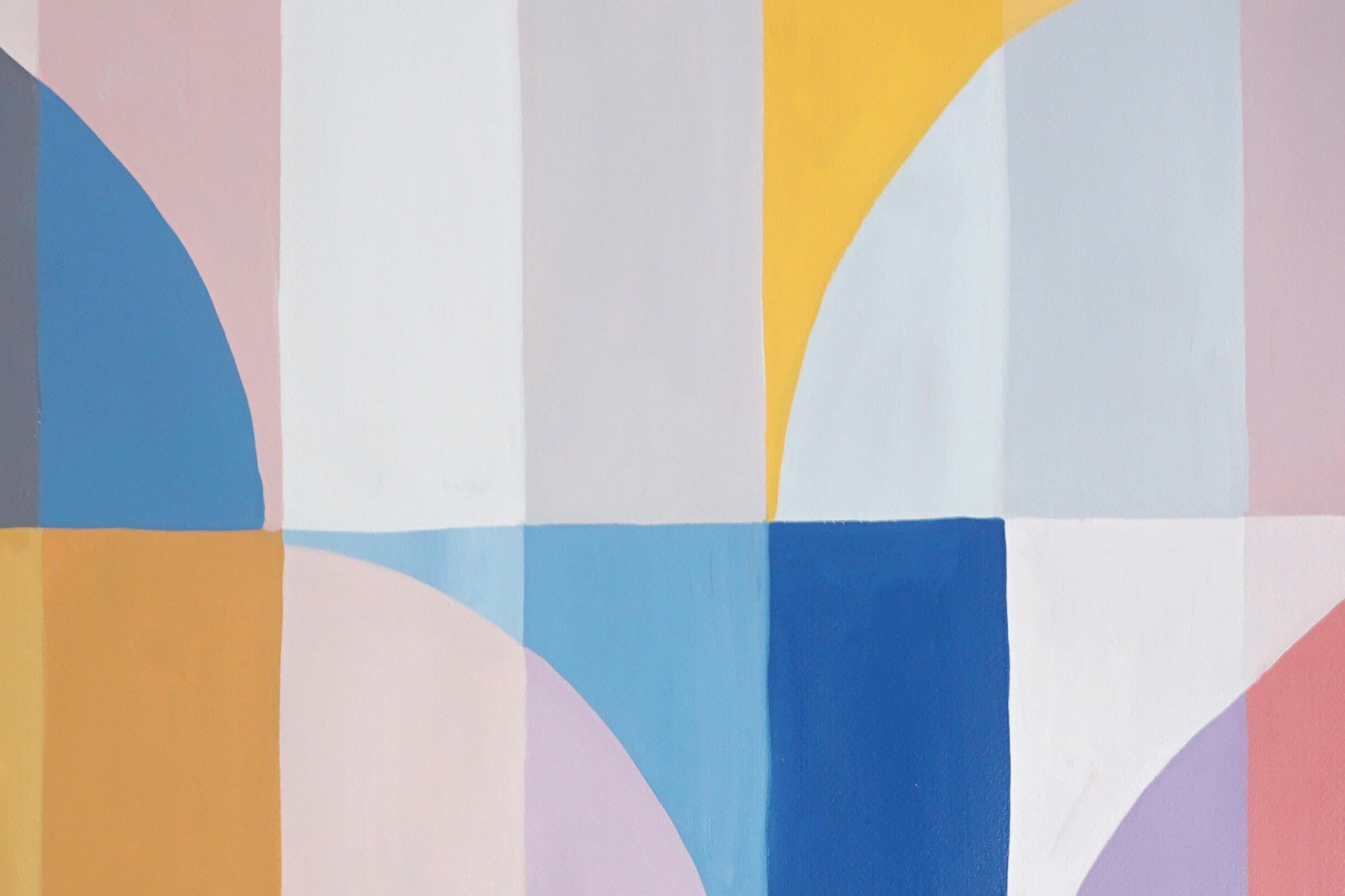 Cielo de finales de verano, Pintura Bauhaus, Arcos y curvas, Pastel amarillo cálido, Papel - Landscape Painting Beige de Natalia Roman